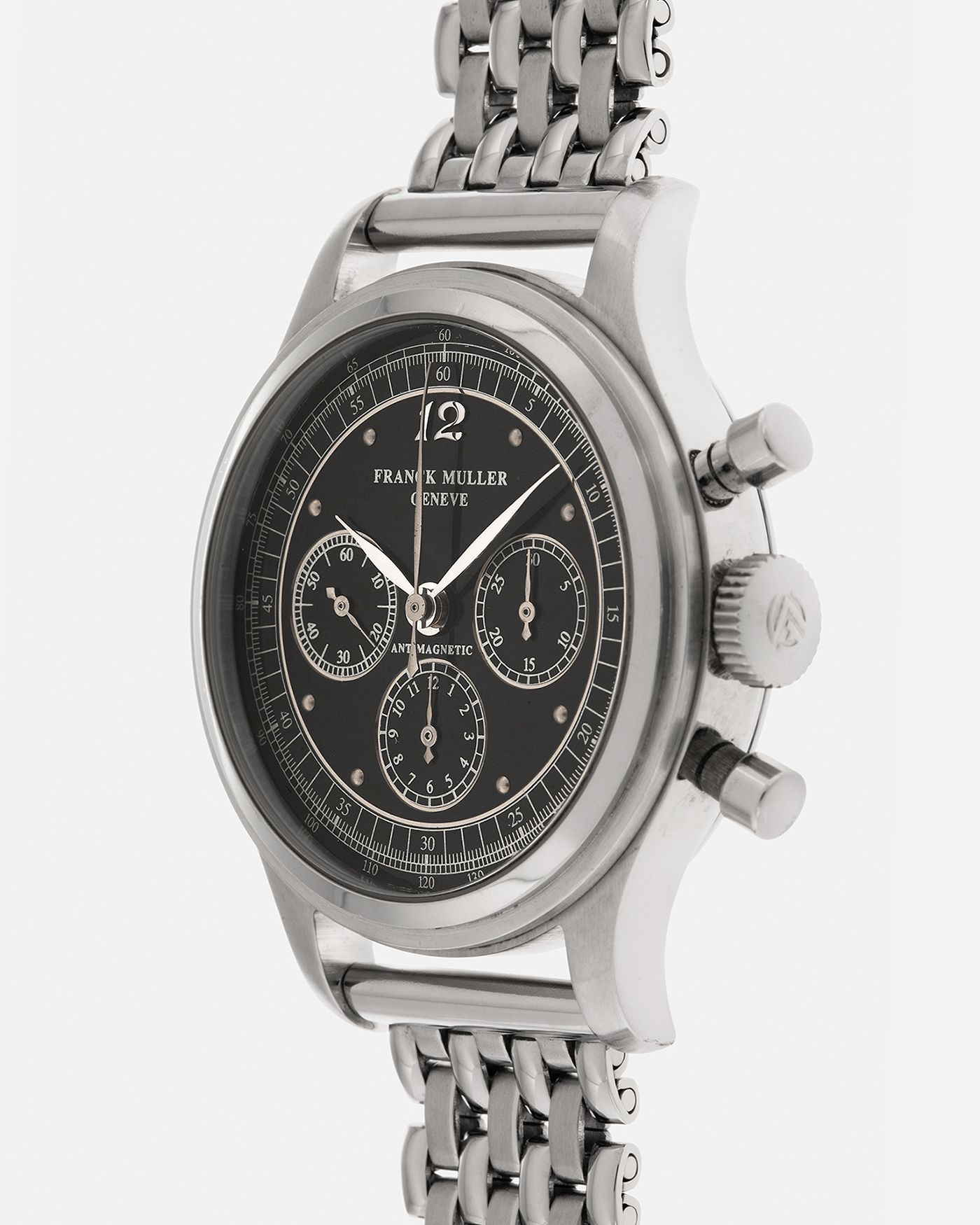 Brand: Franck Muller
Year: 1990’s
Model: Sport Limited Edition Chronograph
Material: Stainless Steel
Movement: Modified Lemania Cal. 1874, Manual-Winding
Case Dimensions: 37mm x 12.5mm (Lug-to-Lug 46.3mm)
Lug Width: 18mm
Bracelet: Private Eyes Beads of Rice Bracelet in Stainless Steel