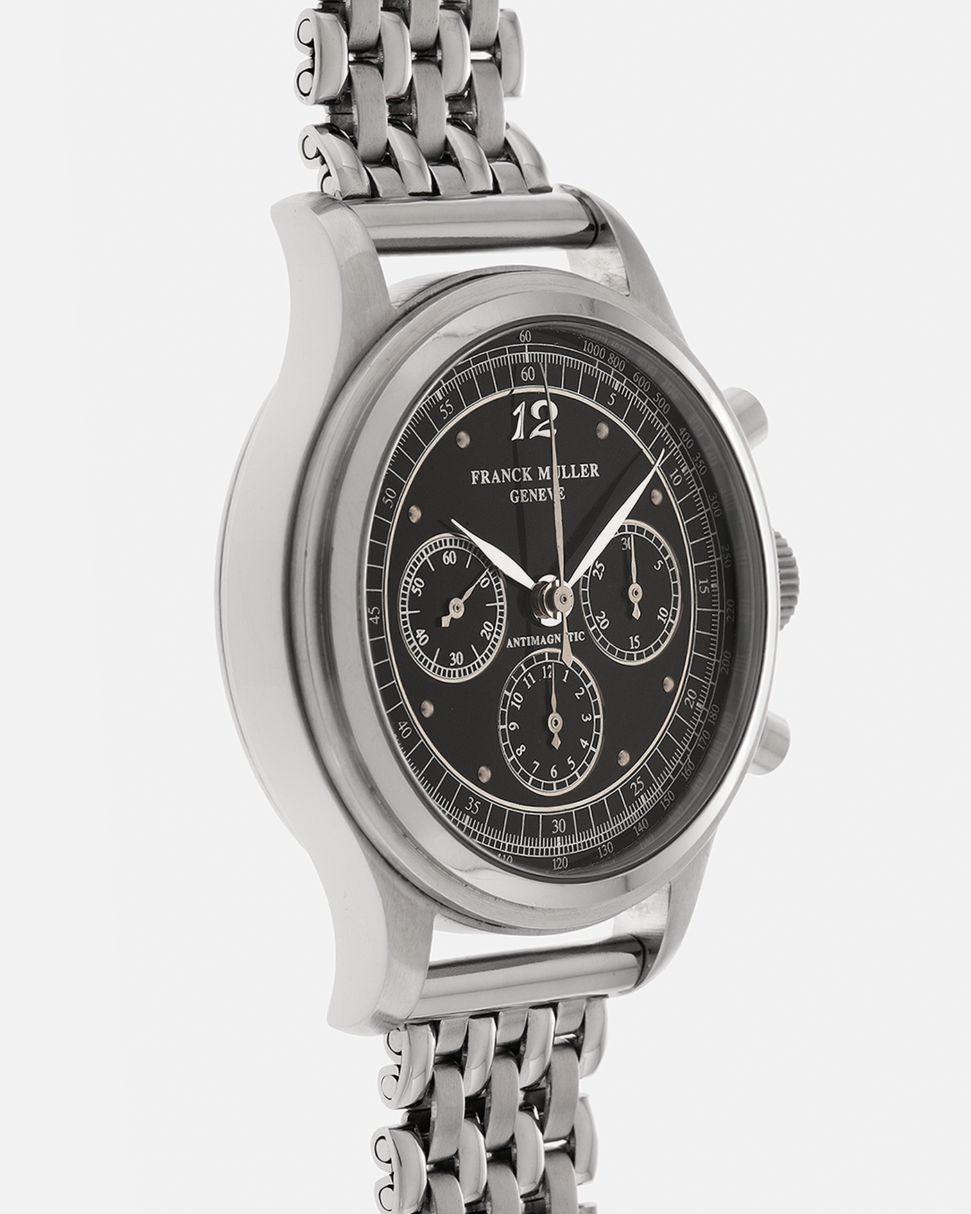 Brand: Franck Muller
Year: 1990’s
Model: Sport Limited Edition Chronograph
Material: Stainless Steel
Movement: Modified Lemania Cal. 1874, Manual-Winding
Case Dimensions: 37mm x 12.5mm (Lug-to-Lug 46.3mm)
Lug Width: 18mm
Bracelet: Private Eyes Beads of Rice Bracelet in Stainless Steel