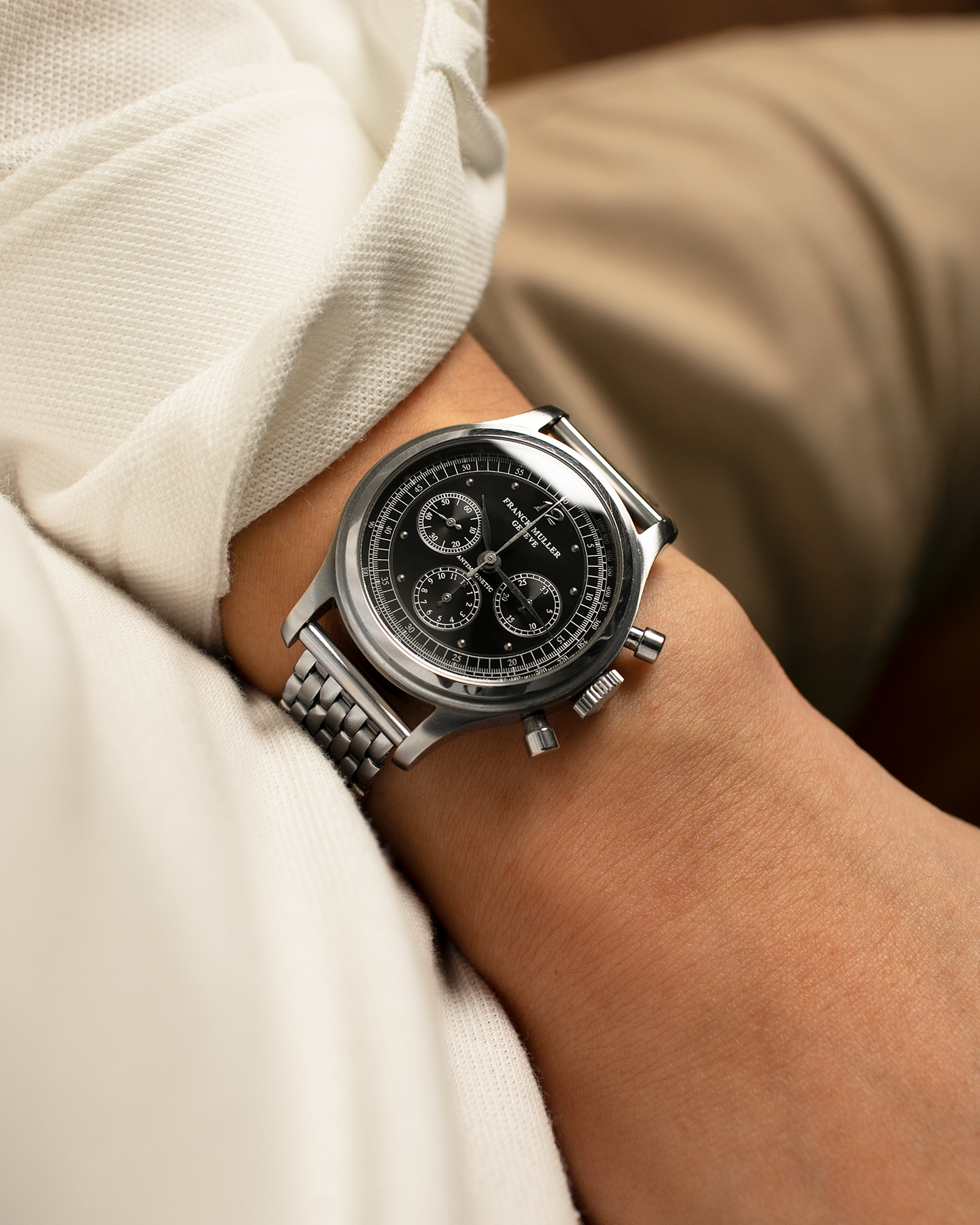 Brand: Franck Muller
Year: 1990’s
Model: Sport Limited Edition Chronograph
Material: Stainless Steel
Movement: Modified Lemania Cal. 1874, Manual-Winding
Case Dimensions: 37mm x 12.5mm (Lug-to-Lug 46.3mm)
Lug Width: 18mm
Bracelet: Private Eyes Beads of Rice Bracelet in Stainless Steel