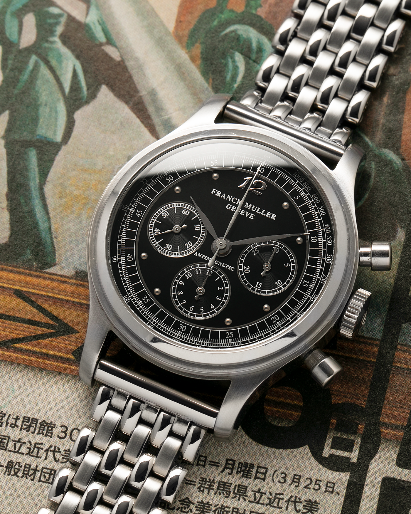 Brand: Franck Muller
Year: 1990’s
Model: Sport Limited Edition Chronograph
Material: Stainless Steel
Movement: Modified Lemania Cal. 1874, Manual-Winding
Case Dimensions: 37mm x 12.5mm (Lug-to-Lug 46.3mm)
Lug Width: 18mm
Bracelet: Private Eyes Beads of Rice Bracelet in Stainless Steel