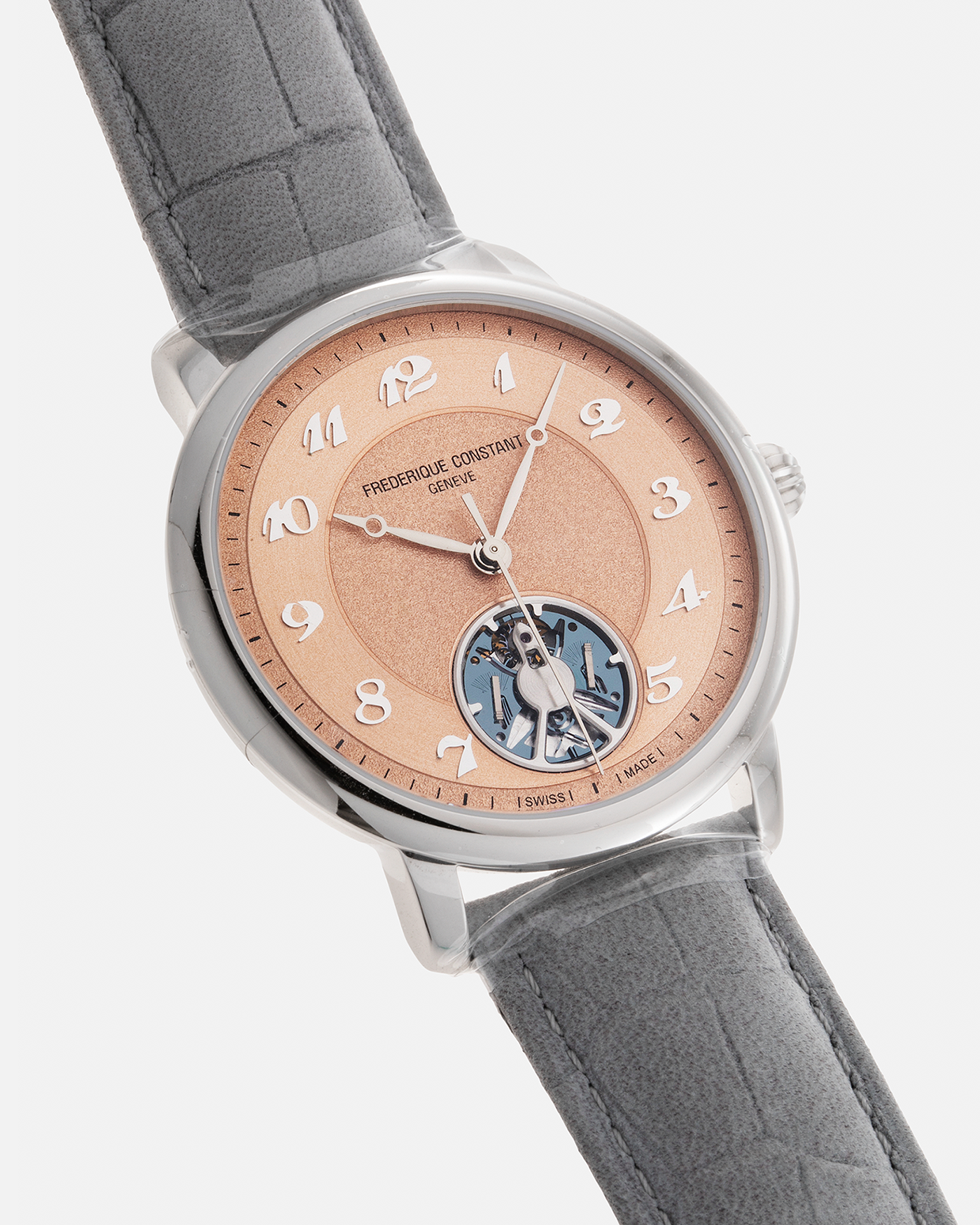 Brand: Frederique Constant Year: 2023 Model: Revolution Slimline Monolithic FP(S), Limited Edition of 100 pieces Material: Stainless Steel Movement: Frederique Constant Cal. FC-810 with Monolithic Oscillator Developed by Flexous, Self-Windin Case Diameter: 40mm Strap: Grey Calf Leather Strap with Signed Stainless Steel 18-carat Deployant Clasp, additional Black Calf Leather Strap with Nubuck Finishing