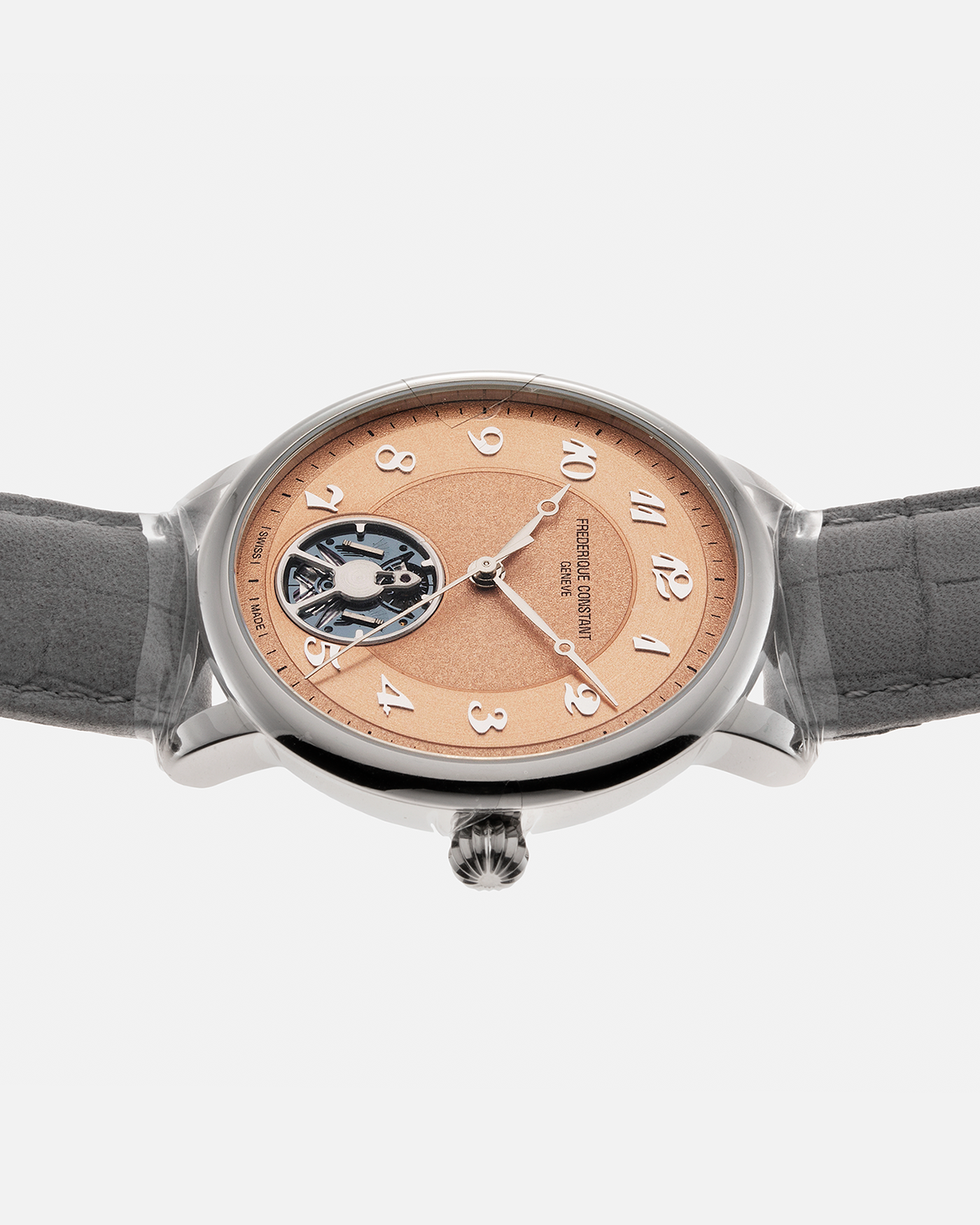 Brand: Frederique Constant Year: 2023 Model: Revolution Slimline Monolithic FP(S), Limited Edition of 100 pieces Material: Stainless Steel Movement: Frederique Constant Cal. FC-810 with Monolithic Oscillator Developed by Flexous, Self-Windin Case Diameter: 40mm Strap: Grey Calf Leather Strap with Signed Stainless Steel 18-carat Deployant Clasp, additional Black Calf Leather Strap with Nubuck Finishing