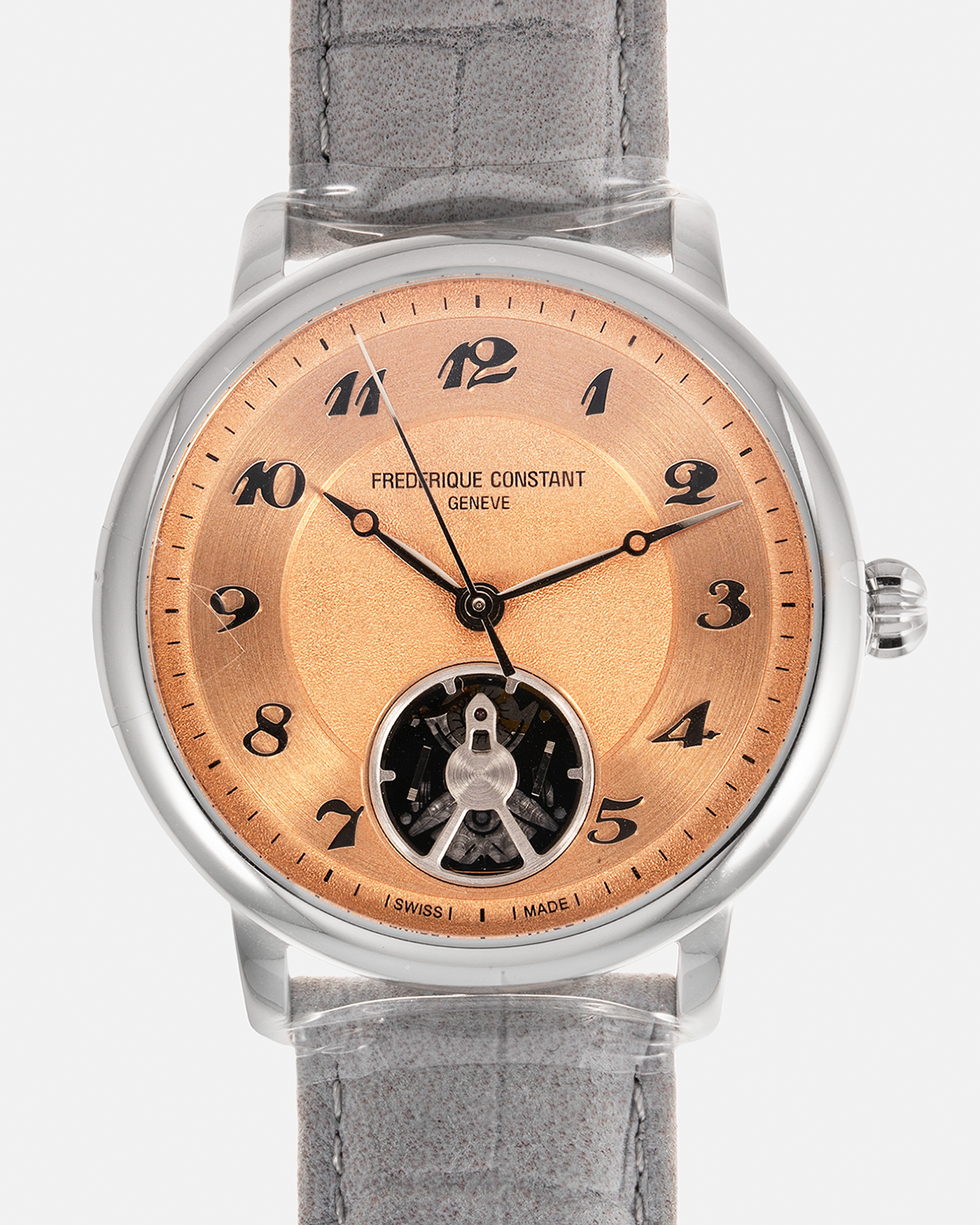 Brand: Frederique Constant Year: 2023 Model: Revolution Slimline Monolithic FP(S), Limited Edition of 100 pieces Material: Stainless Steel Movement: Frederique Constant Cal. FC-810 with Monolithic Oscillator Developed by Flexous, Self-Windin Case Diameter: 40mm Strap: Grey Calf Leather Strap with Signed Stainless Steel 18-carat Deployant Clasp, additional Black Calf Leather Strap with Nubuck Finishing