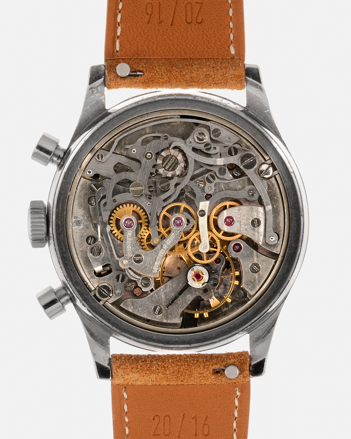 Brand: Gallet Year: 1950’s Model: Mutichron 12H Chronograph Serial Number: 933631 Material: Stainless Steel Movement: Excelsior Park 40, Manual-Winding Case Diameter: 37mm Strap: Nostime Sand Tan Suede Calf Leather Strap