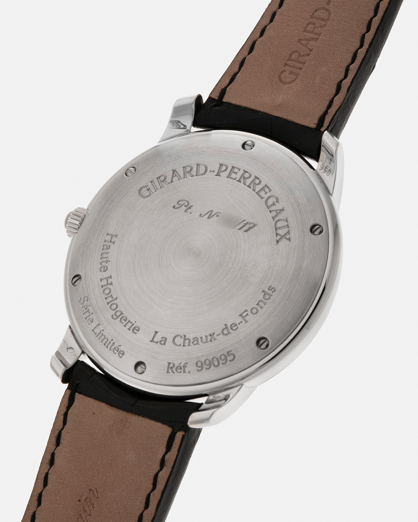 Brand: Girard Perregaux
Year: 2007
Model: Three Bridges Tourbillon, Limited Edition of 17 Pieces for SHH
Reference: 99095
Material: Platinum 950
Movement: Girard Perregaux Cal. 9600 Tourbillon, Self-Winding
Case Dimensions: 42mm x 11mm (Lug-to-Lug 47.5mm)
Lug Width: 21mm
Strap: Girard Perregaux Black Alligator Strap with Signed Platinum 950 Deployant Clasp