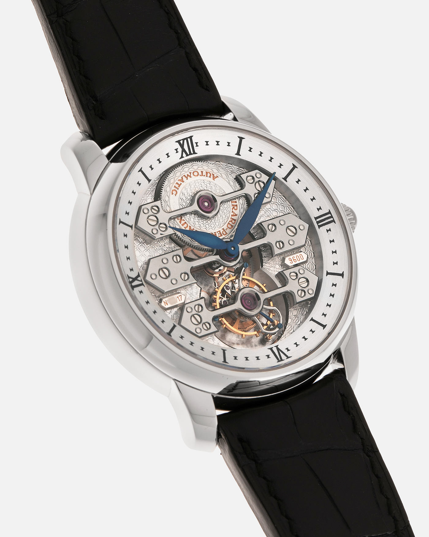 Brand: Girard Perregaux
Year: 2007
Model: Three Bridges Tourbillon, Limited Edition of 17 Pieces for SHH
Reference: 99095
Material: Platinum 950
Movement: Girard Perregaux Cal. 9600 Tourbillon, Self-Winding
Case Dimensions: 42mm x 11mm (Lug-to-Lug 47.5mm)
Lug Width: 21mm
Strap: Girard Perregaux Black Alligator Strap with Signed Platinum 950 Deployant Clasp