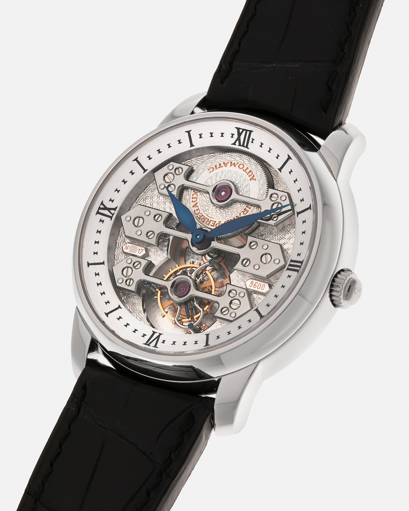 Brand: Girard Perregaux
Year: 2007
Model: Three Bridges Tourbillon, Limited Edition of 17 Pieces for SHH
Reference: 99095
Material: Platinum 950
Movement: Girard Perregaux Cal. 9600 Tourbillon, Self-Winding
Case Dimensions: 42mm x 11mm (Lug-to-Lug 47.5mm)
Lug Width: 21mm
Strap: Girard Perregaux Black Alligator Strap with Signed Platinum 950 Deployant Clasp