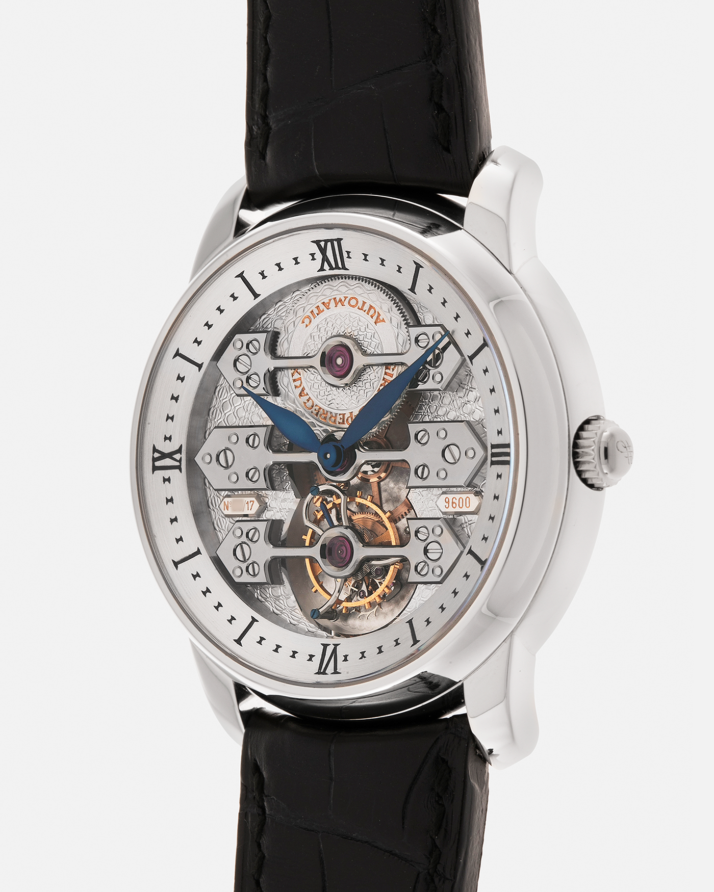 Brand: Girard Perregaux
Year: 2007
Model: Three Bridges Tourbillon, Limited Edition of 17 Pieces for SHH
Reference: 99095
Material: Platinum 950
Movement: Girard Perregaux Cal. 9600 Tourbillon, Self-Winding
Case Dimensions: 42mm x 11mm (Lug-to-Lug 47.5mm)
Lug Width: 21mm
Strap: Girard Perregaux Black Alligator Strap with Signed Platinum 950 Deployant Clasp