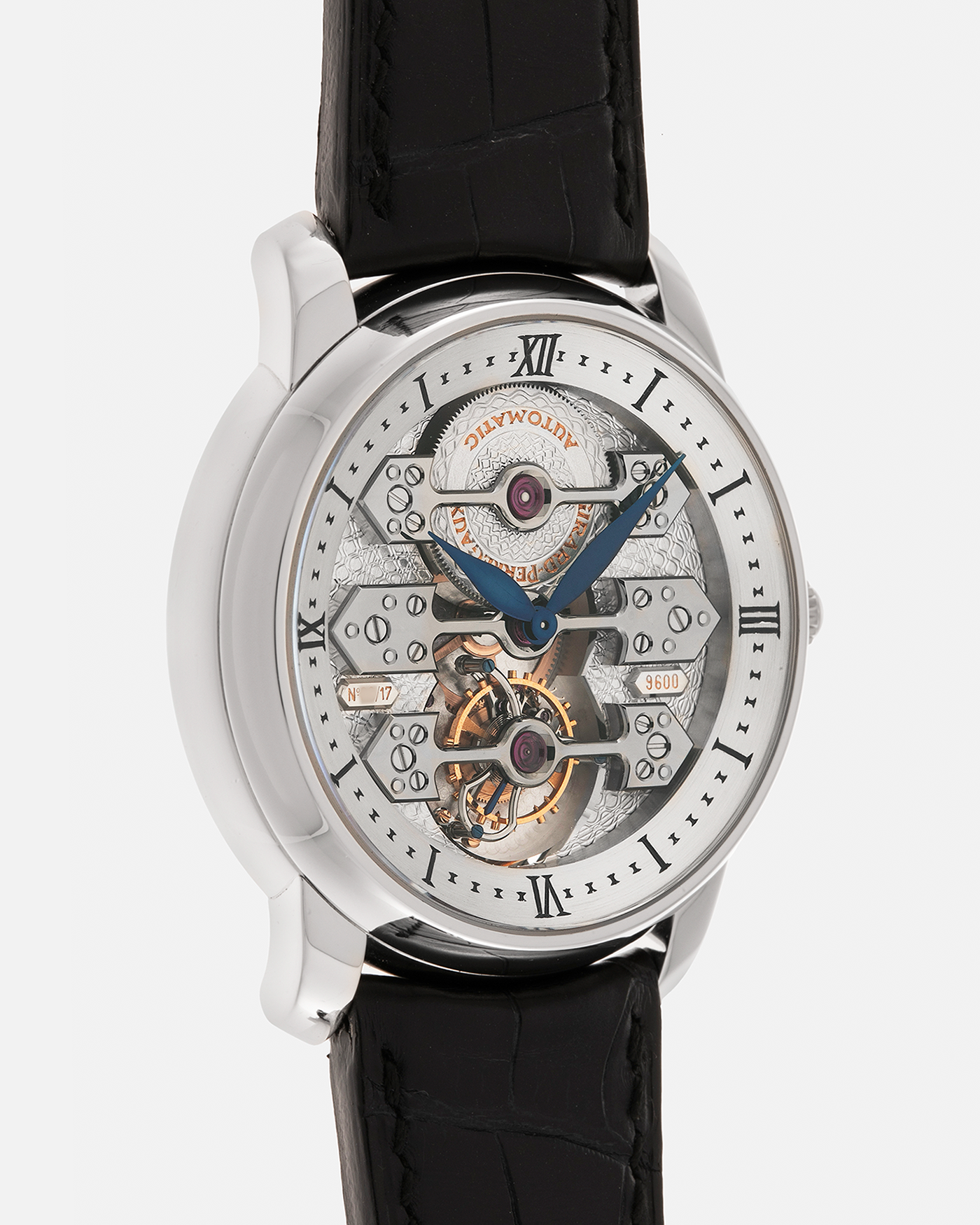 Brand: Girard Perregaux
Year: 2007
Model: Three Bridges Tourbillon, Limited Edition of 17 Pieces for SHH
Reference: 99095
Material: Platinum 950
Movement: Girard Perregaux Cal. 9600 Tourbillon, Self-Winding
Case Dimensions: 42mm x 11mm (Lug-to-Lug 47.5mm)
Lug Width: 21mm
Strap: Girard Perregaux Black Alligator Strap with Signed Platinum 950 Deployant Clasp