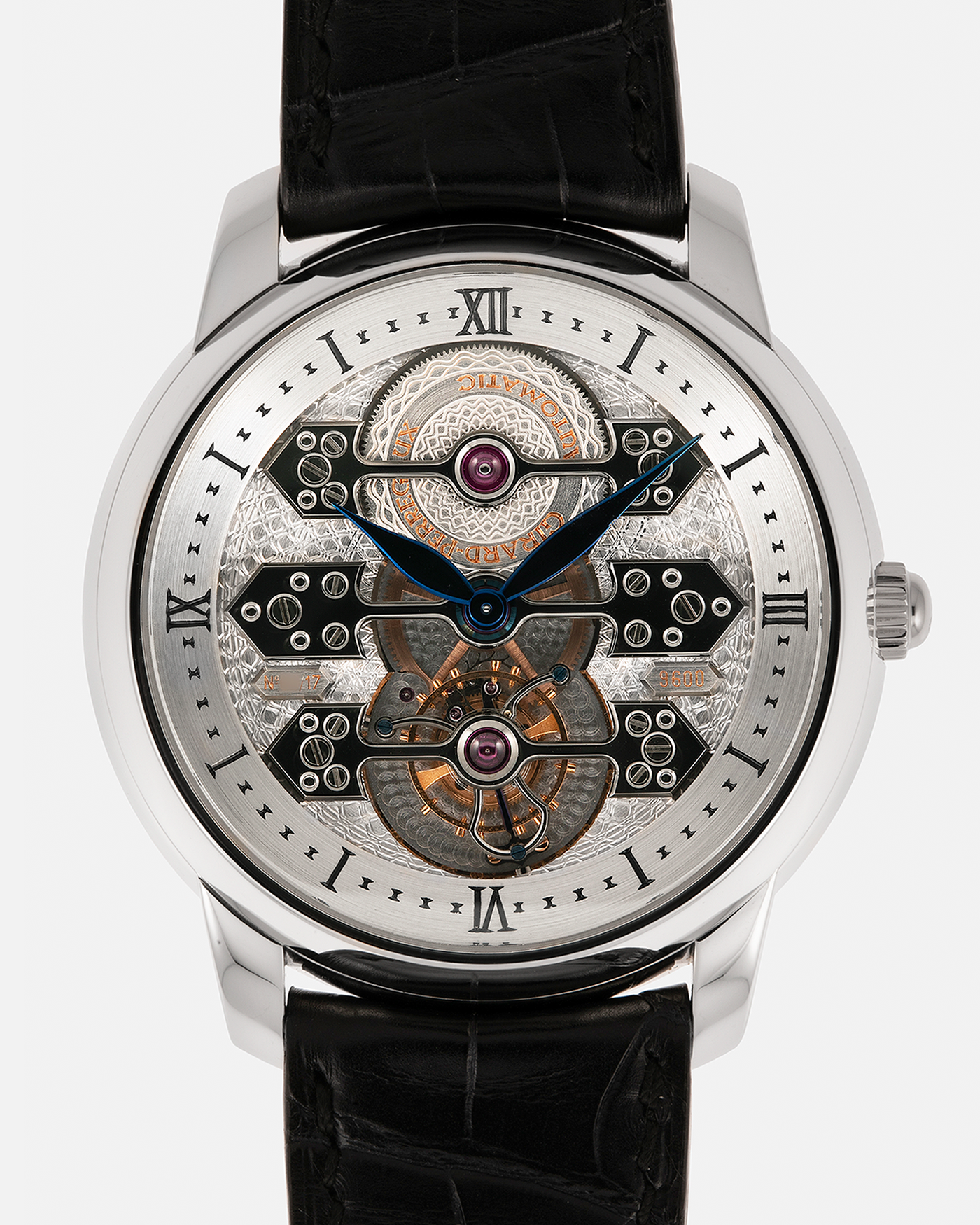 Brand: Girard Perregaux
Year: 2007
Model: Three Bridges Tourbillon, Limited Edition of 17 Pieces for SHH
Reference: 99095
Material: Platinum 950
Movement: Girard Perregaux Cal. 9600 Tourbillon, Self-Winding
Case Dimensions: 42mm x 11mm (Lug-to-Lug 47.5mm)
Lug Width: 21mm
Strap: Girard Perregaux Black Alligator Strap with Signed Platinum 950 Deployant Clasp