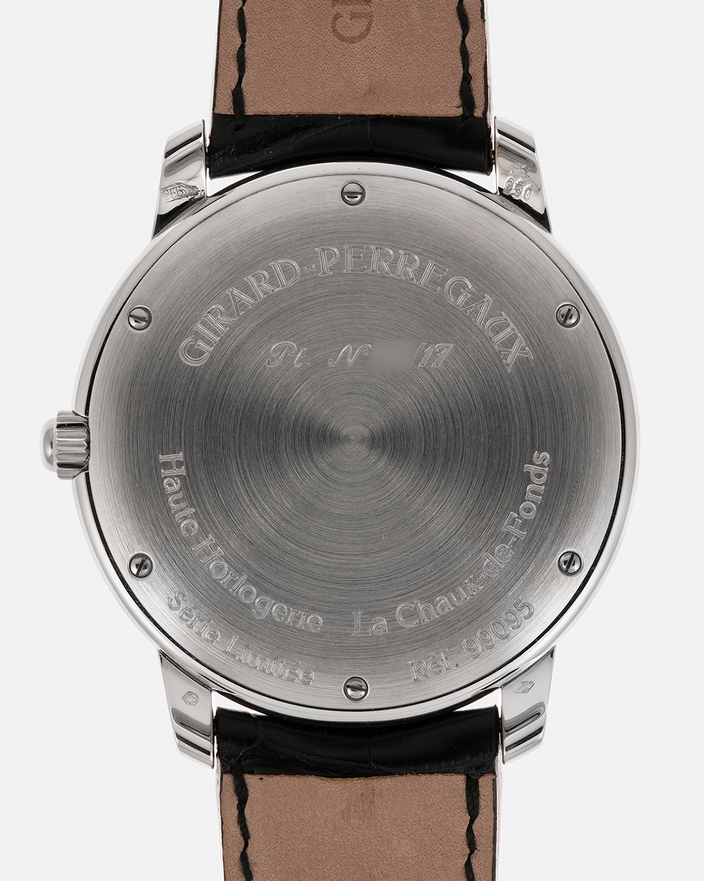 Brand: Girard Perregaux
Year: 2007
Model: Three Bridges Tourbillon, Limited Edition of 17 Pieces for SHH
Reference: 99095
Material: Platinum 950
Movement: Girard Perregaux Cal. 9600 Tourbillon, Self-Winding
Case Dimensions: 42mm x 11mm (Lug-to-Lug 47.5mm)
Lug Width: 21mm
Strap: Girard Perregaux Black Alligator Strap with Signed Platinum 950 Deployant Clasp