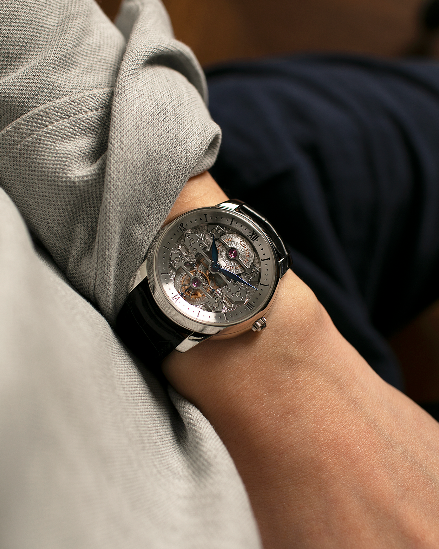 Brand: Girard Perregaux
Year: 2007
Model: Three Bridges Tourbillon, Limited Edition of 17 Pieces for SHH
Reference: 99095
Material: Platinum 950
Movement: Girard Perregaux Cal. 9600 Tourbillon, Self-Winding
Case Dimensions: 42mm x 11mm (Lug-to-Lug 47.5mm)
Lug Width: 21mm
Strap: Girard Perregaux Black Alligator Strap with Signed Platinum 950 Deployant Clasp