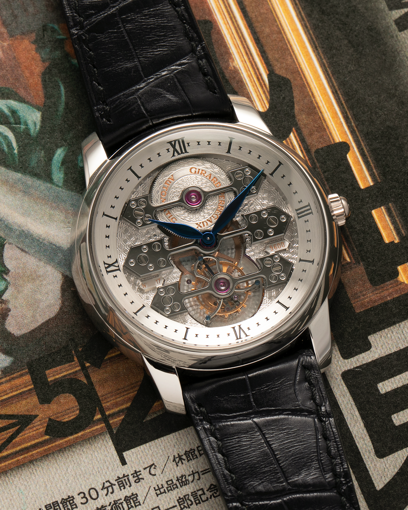 Brand: Girard Perregaux
Year: 2007
Model: Three Bridges Tourbillon, Limited Edition of 17 Pieces for SHH
Reference: 99095
Material: Platinum 950
Movement: Girard Perregaux Cal. 9600 Tourbillon, Self-Winding
Case Dimensions: 42mm x 11mm (Lug-to-Lug 47.5mm)
Lug Width: 21mm
Strap: Girard Perregaux Black Alligator Strap with Signed Platinum 950 Deployant Clasp