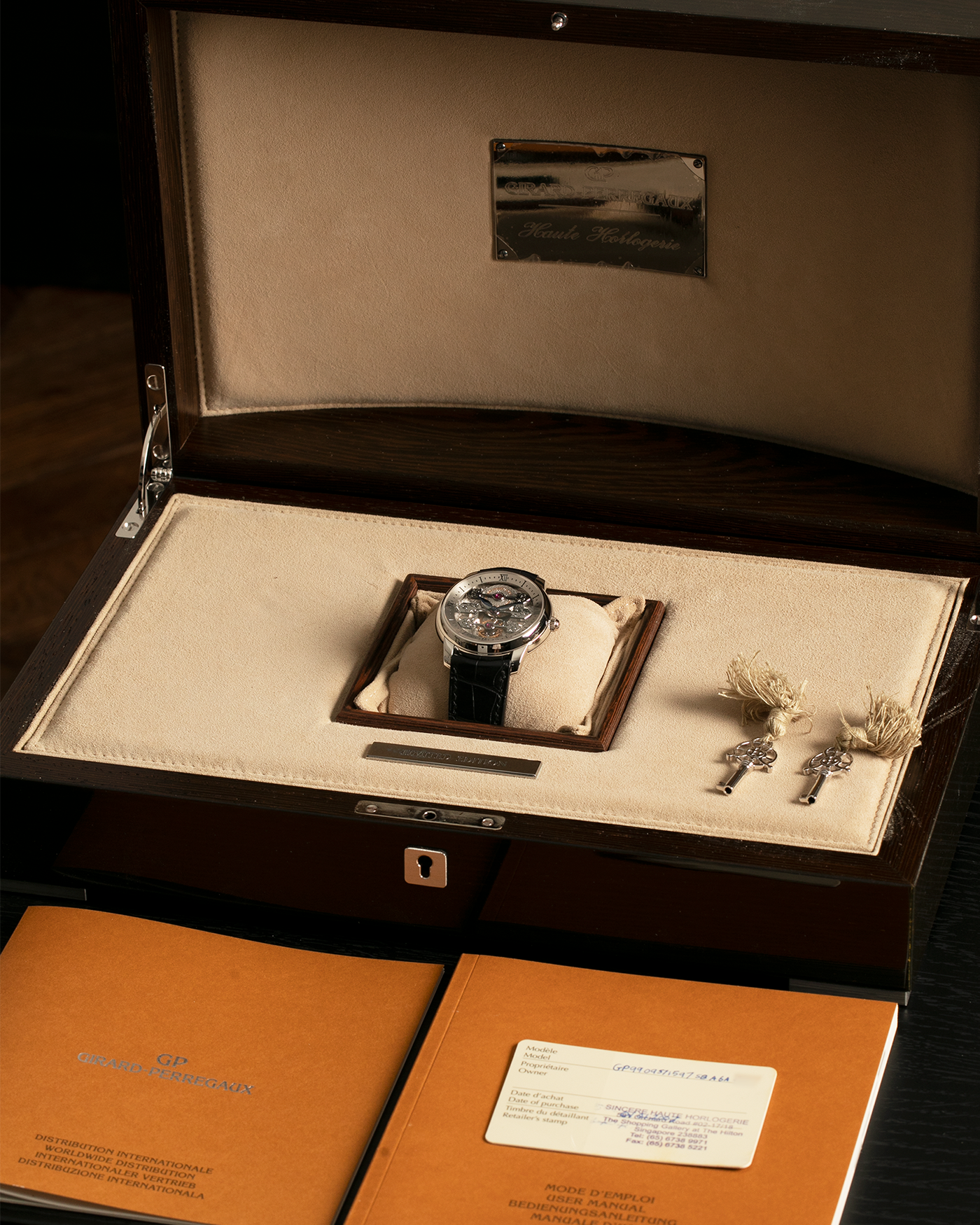 Brand: Girard Perregaux
Year: 2007
Model: Three Bridges Tourbillon, Limited Edition of 17 Pieces for SHH
Reference: 99095
Material: Platinum 950
Movement: Girard Perregaux Cal. 9600 Tourbillon, Self-Winding
Case Dimensions: 42mm x 11mm (Lug-to-Lug 47.5mm)
Lug Width: 21mm
Strap: Girard Perregaux Black Alligator Strap with Signed Platinum 950 Deployant Clasp