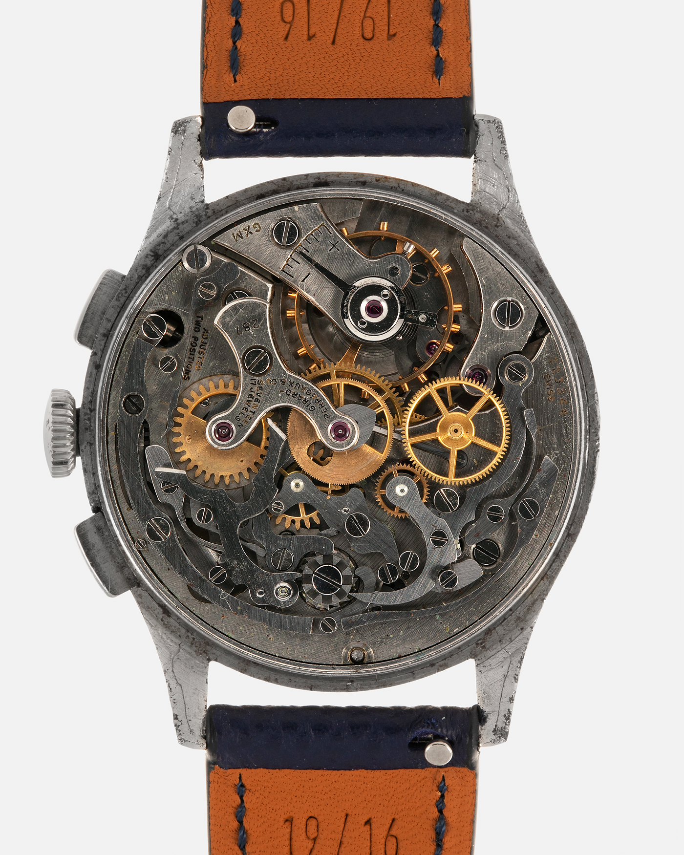 Brand: Girard Perregaux
Year: 1940s
Model: Tri-Compax
Material: Stainless Steel
Movement: Universal Genève (Branded Girard Perregaux) Cal. 287, Manual-Winding
Case Diameter: 37mm x 13mm (Lug-to-Lug 44.5mm)
Lug Width: 19mm
Strap: Nostime Dark Navy Textured Calf Leather Strap