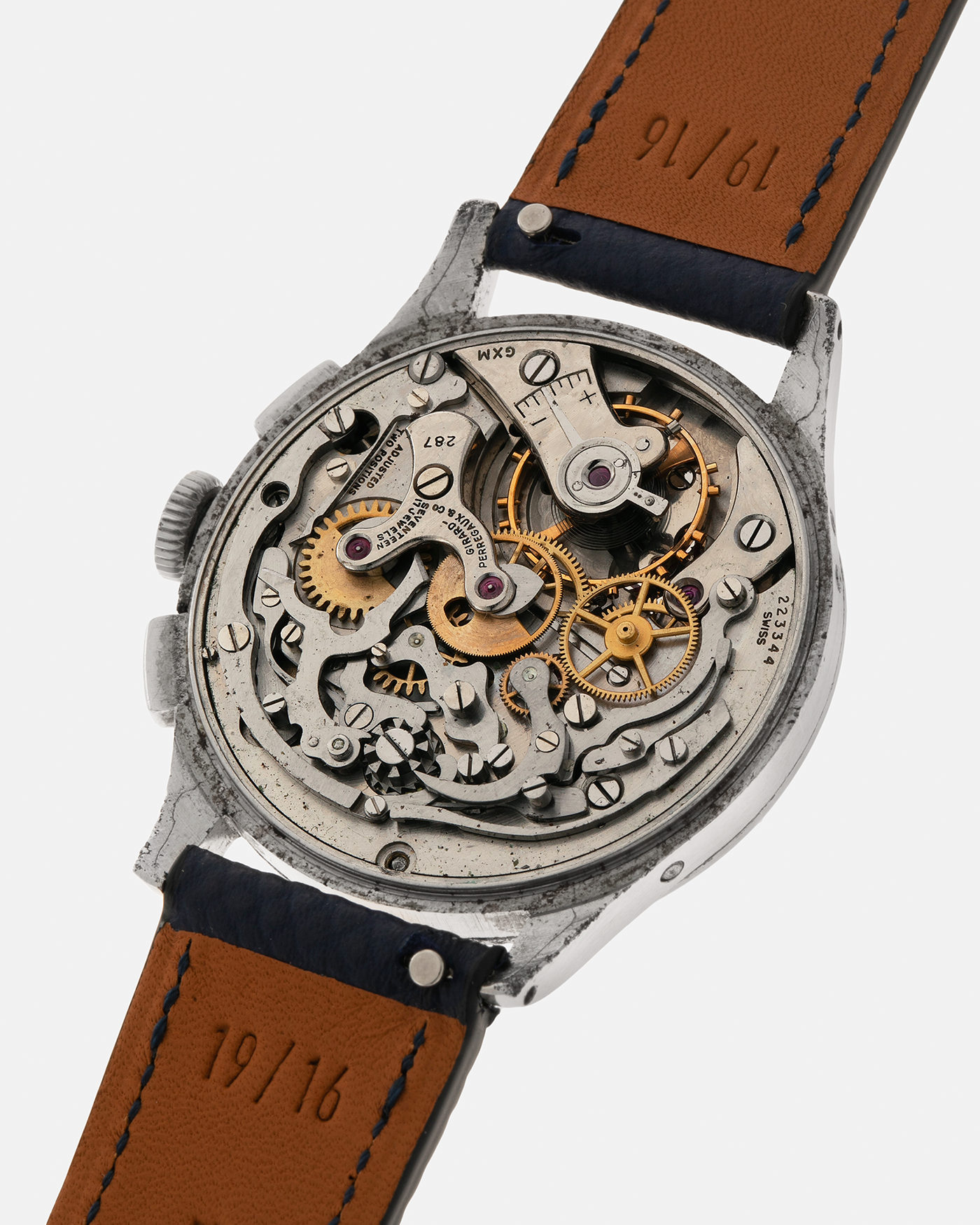 Brand: Girard Perregaux
Year: 1940s
Model: Tri-Compax
Material: Stainless Steel
Movement: Universal Genève (Branded Girard Perregaux) Cal. 287, Manual-Winding
Case Diameter: 37mm x 13mm (Lug-to-Lug 44.5mm)
Lug Width: 19mm
Strap: Nostime Dark Navy Textured Calf Leather Strap