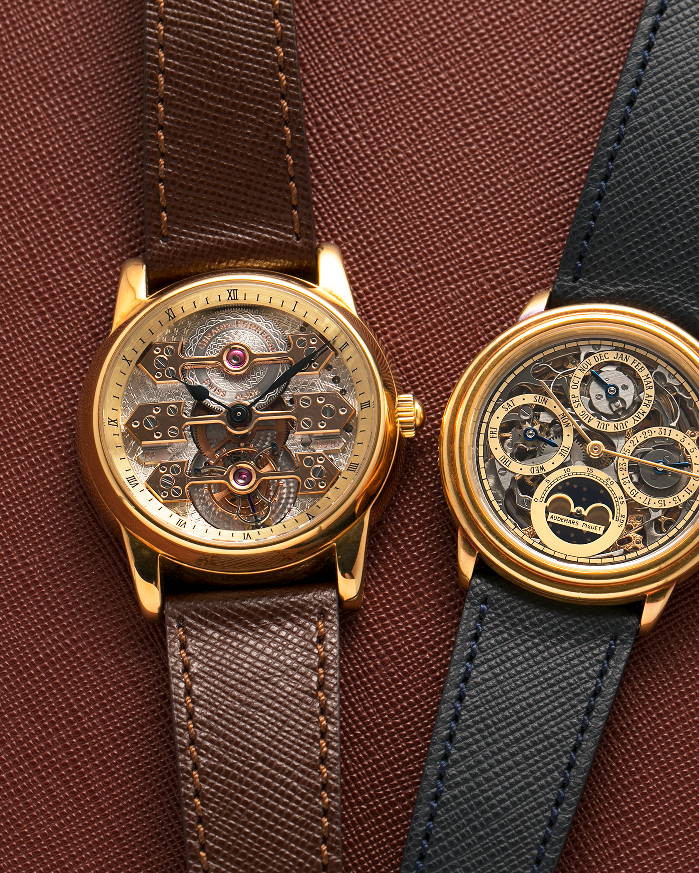 Brand: Girard Perregaux  Year: Mid-1990s Model: Three Bridges Tourbillon, “Tourbillon Sous Trois Ponts d'Or” Reference: 99000 Material: 18-carat Yellow Gold  Movement: Girard Perregaux Cal. 9910 Tourbillon, Manual-Winding  Case Dimensions: 39mm x 10.5mm (Lug-to-Lug 44.5mm)  Lug Width: 20mm  Strap: Phillips Dark Brown Textured Calf Leather Strap with Signed 18-carat Yellow Gold Tang Buckle 
