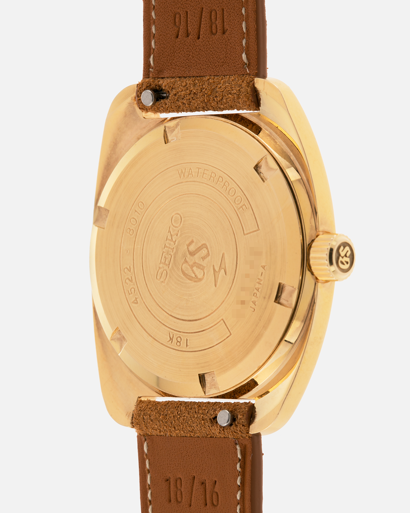 Brand: Grand Seiko
Year: Circa 1970’s
Reference Number: 4522-8010
Material: 18-carat Yellow Gold
Movement: Cal. 4520A
Case Diameter: 36mm Diameter 9mm Thickness
Lug Width: 18mm
Bracelet/Strap: Nostime Cognac Suede Strap and Unsigned Buckle