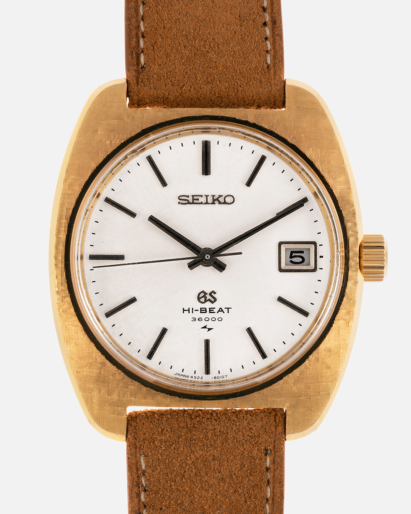 Brand: Grand Seiko
Year: Circa 1970’s
Reference Number: 4522-8010
Material: 18-carat Yellow Gold
Movement: Cal. 4520A
Case Diameter: 36mm Diameter 9mm Thickness
Lug Width: 18mm
Bracelet/Strap: Nostime Cognac Suede Strap and Unsigned Buckle