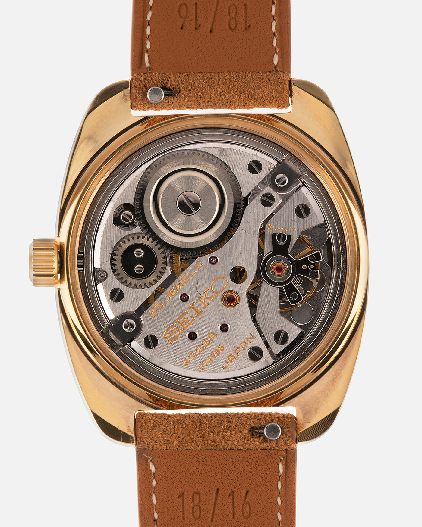 Brand: Grand Seiko
Year: Circa 1970’s
Reference Number: 4522-8010
Material: 18-carat Yellow Gold
Movement: Cal. 4520A
Case Diameter: 36mm Diameter 9mm Thickness
Lug Width: 18mm
Bracelet/Strap: Nostime Cognac Suede Strap and Unsigned Buckle