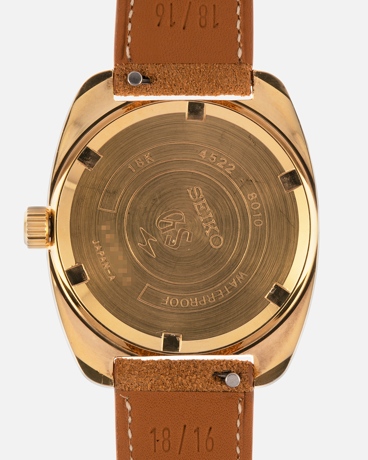 Brand: Grand Seiko
Year: Circa 1970’s
Reference Number: 4522-8010
Material: 18-carat Yellow Gold
Movement: Cal. 4520A
Case Diameter: 36mm Diameter 9mm Thickness
Lug Width: 18mm
Bracelet/Strap: Nostime Cognac Suede Strap and Unsigned Buckle