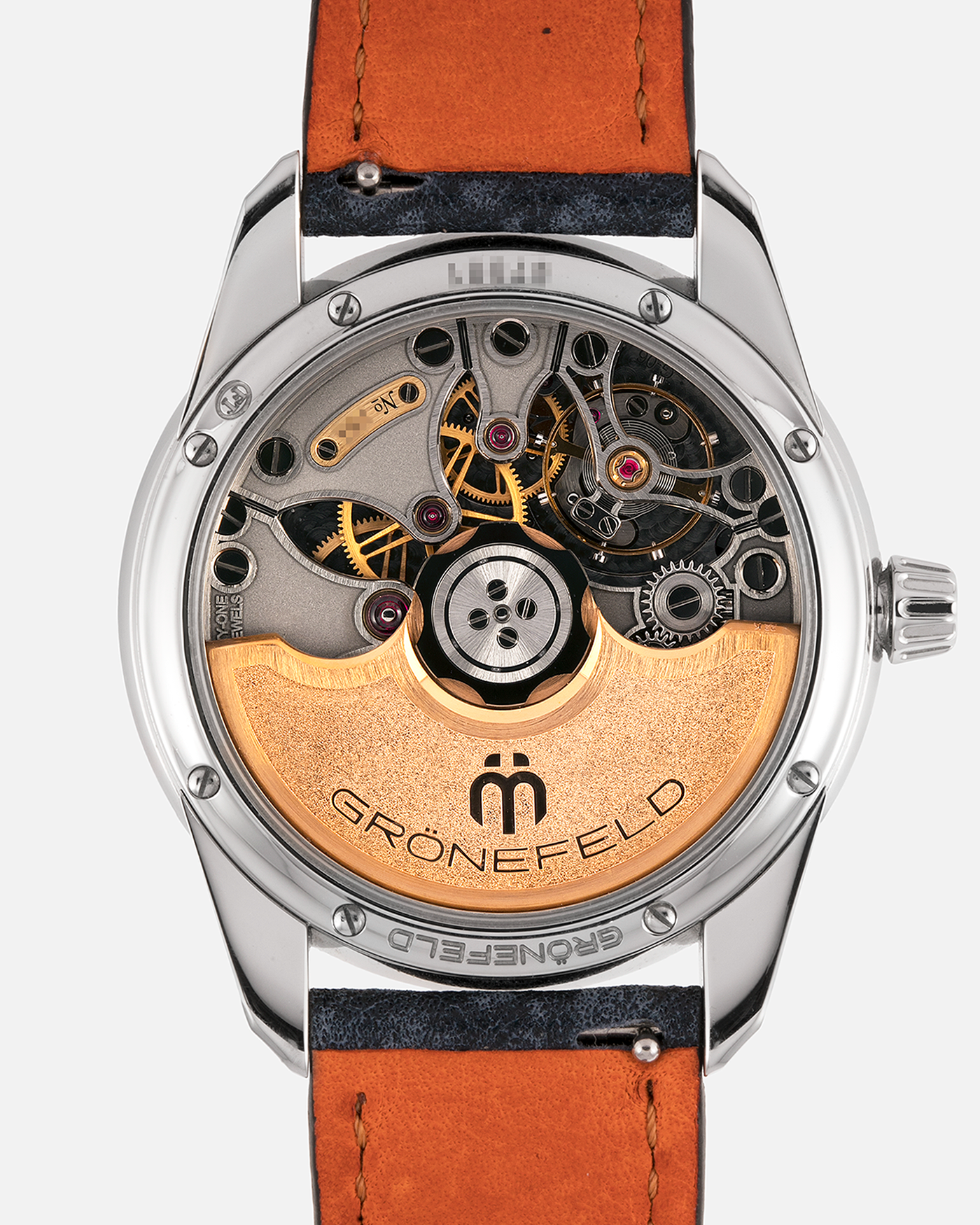 Brand: Grönefeld
Year: 2022
Model: 1941 Principia ‘Salmon’
Material: Stainless Steel
Movement: Grönefeld Cal. G-06, Self-Winding
Case Dimensions: 39.5mm x 10.5mm (Lug-to-Lug 47mm)
Lug Width: 20mm
Strap: Grönefeld Blue Buffalo Leather Strap with Orange Stitching, with Grönefeld Stainless Steel Tang Buckle