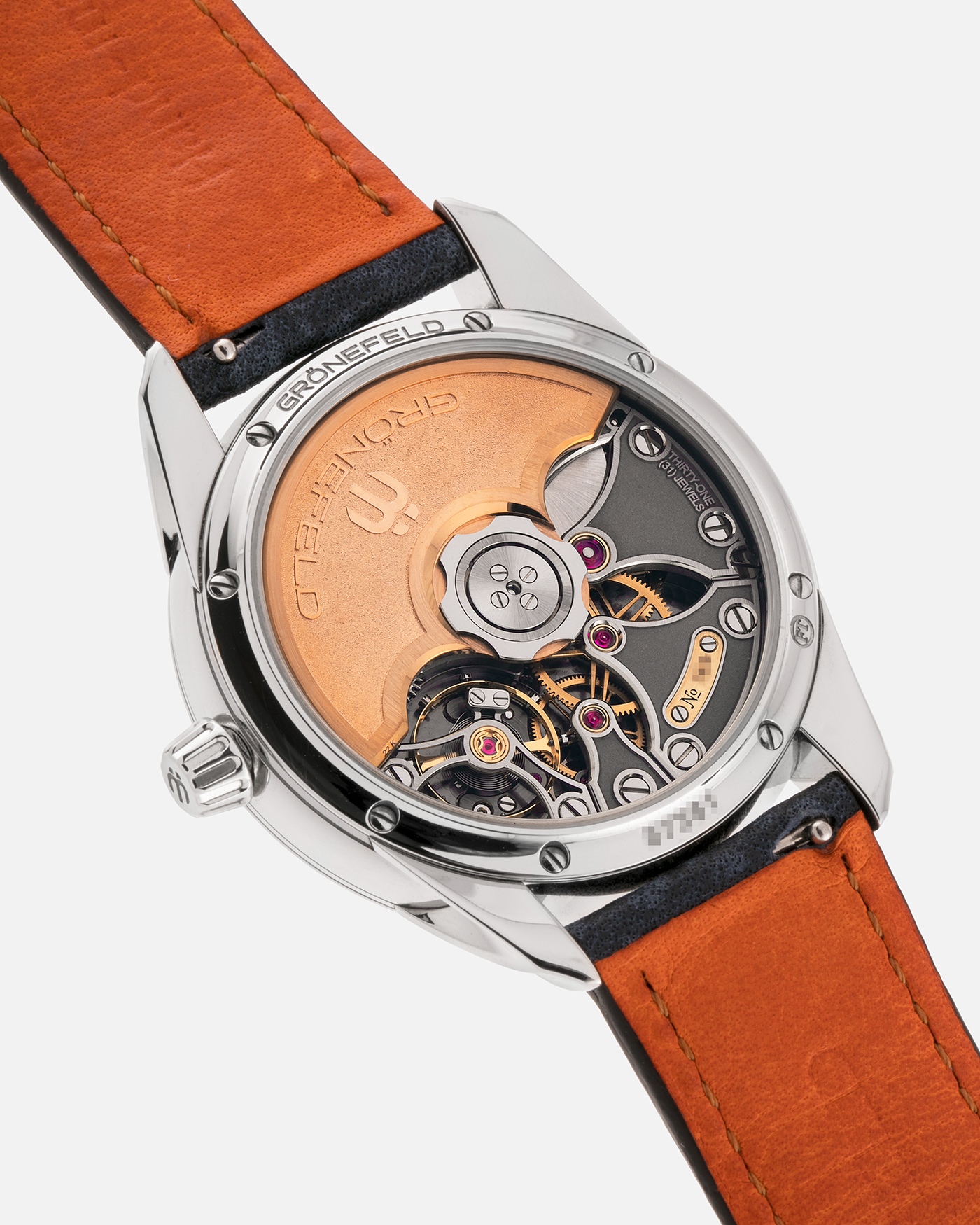 Brand: Grönefeld
Year: 2022
Model: 1941 Principia ‘Salmon’
Material: Stainless Steel
Movement: Grönefeld Cal. G-06, Self-Winding
Case Dimensions: 39.5mm x 10.5mm (Lug-to-Lug 47mm)
Lug Width: 20mm
Strap: Grönefeld Blue Buffalo Leather Strap with Orange Stitching, with Grönefeld Stainless Steel Tang Buckle