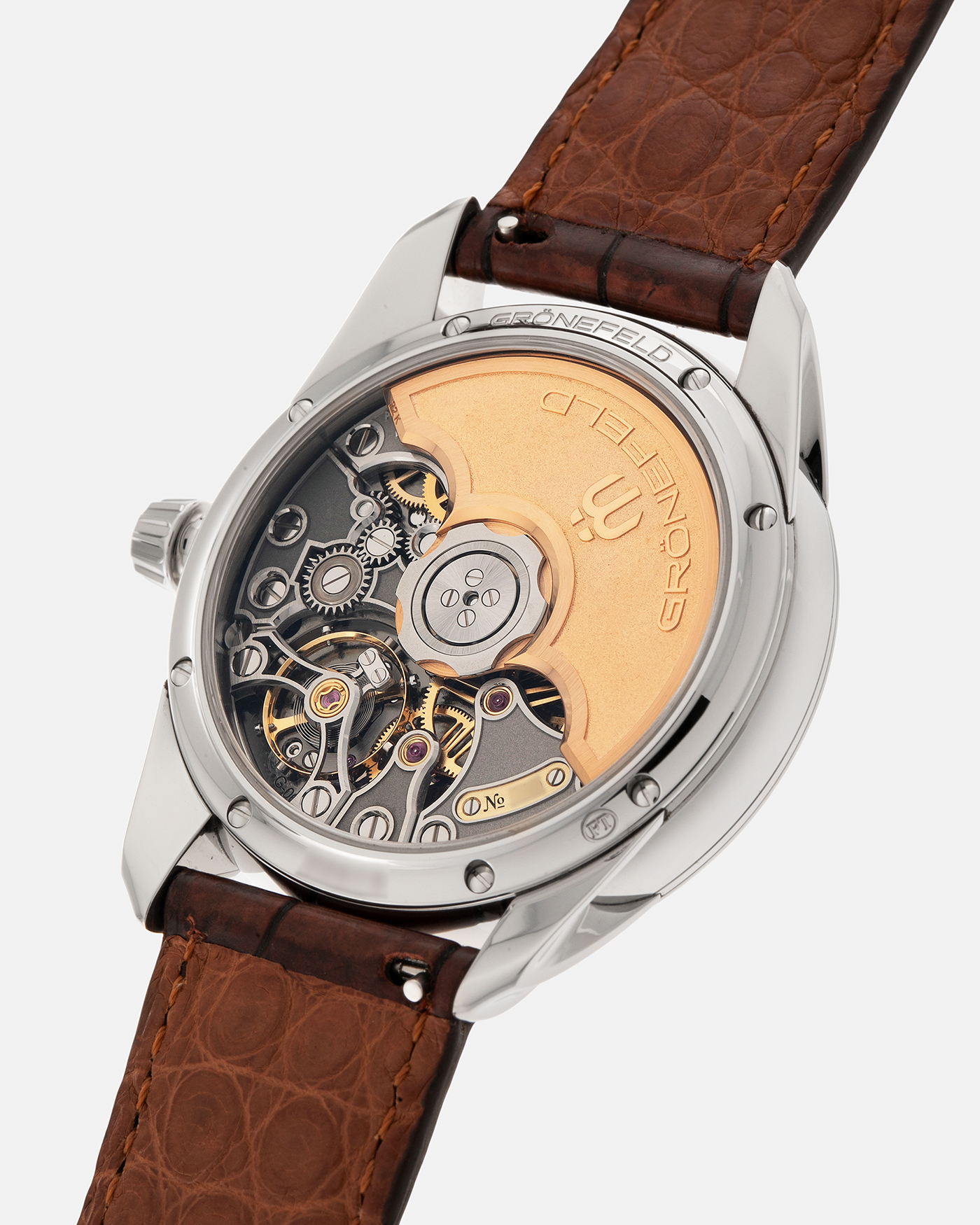 Brand: Grönefeld
Year: 2022
Model: 1941 Principia ‘Salmon’
Material: Stainless Steel
Movement: Grönefeld Cal. G-06, Self-Winding
Case Dimensions: 39.5mm x 10.5mm (Lug-to-Lug 47mm)
Lug Width: 20mm
Strap: Grönefeld Brown Alligator Leather Strap with Signed Stainless Steel Tang Buckle