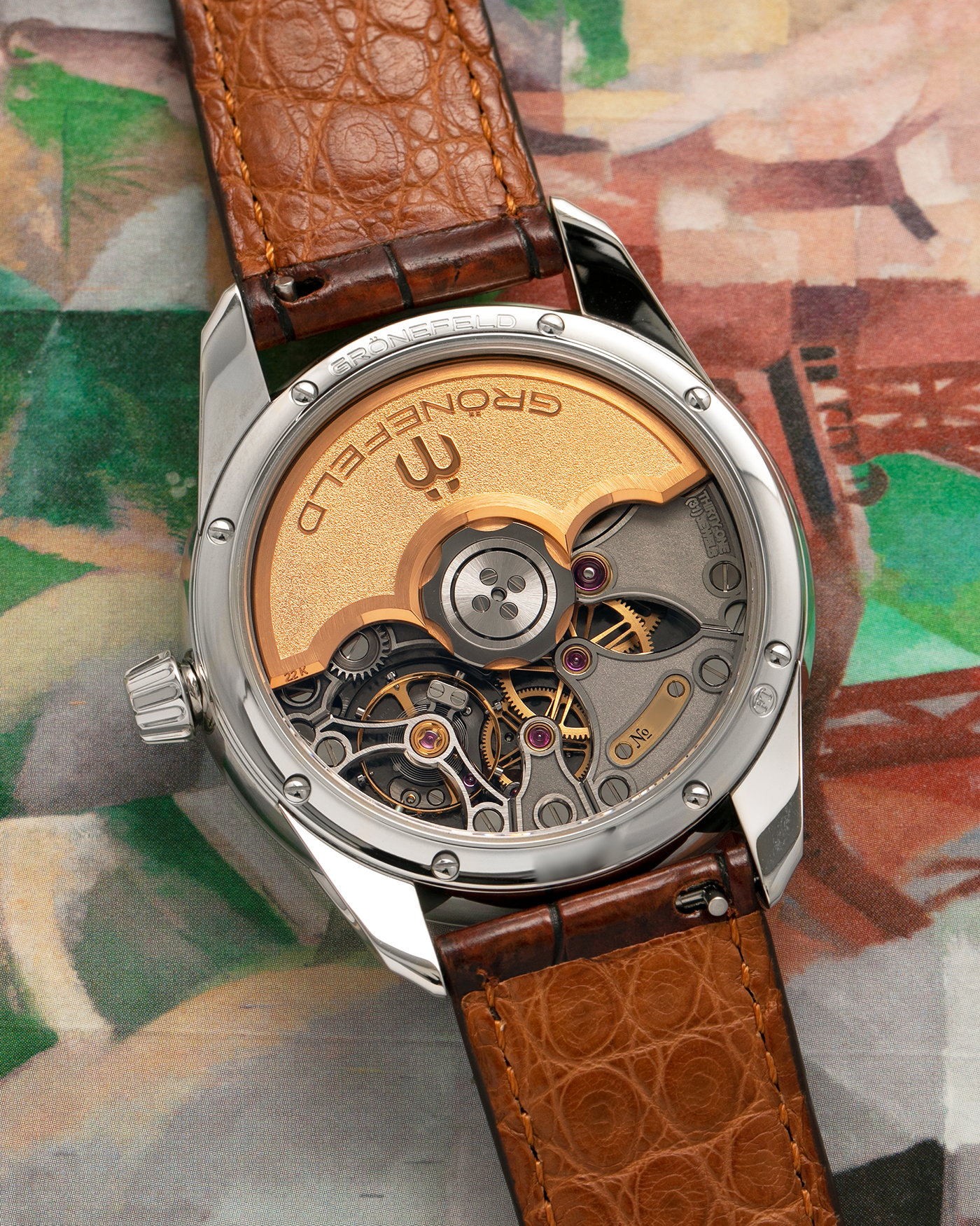 Brand: Grönefeld
Year: 2022
Model: 1941 Principia ‘Salmon’
Material: Stainless Steel
Movement: Grönefeld Cal. G-06, Self-Winding
Case Dimensions: 39.5mm x 10.5mm (Lug-to-Lug 47mm)
Lug Width: 20mm
Strap: Grönefeld Brown Alligator Leather Strap with Signed Stainless Steel Tang Buckle
