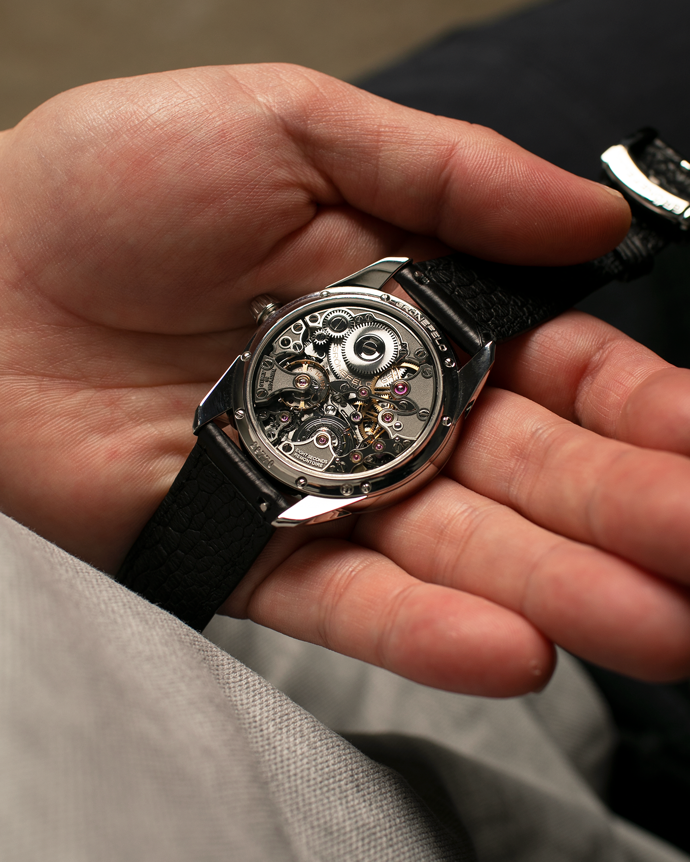 Brand: Grönefeld
Year: 2022
Model: 1941 Remontoire ‘Guilloché’, Pièce Unique
Material: Stainless Steel
Movement: Grönefeld Cal. G-05, Manual-Winding
Case Dimensions: 39.5mm x 10.5mm (Lug-to-Lug 47mm)
Lug Width: 20mm
Strap: Grönefeld Black Calf Leather Strap with Signed Stainless Steel Tang Buckle