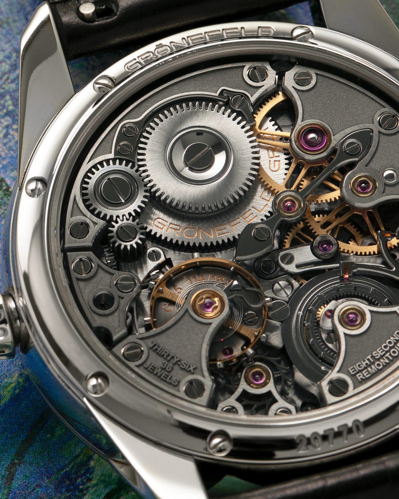 Brand: Grönefeld
Year: 2022
Model: 1941 Remontoire ‘Guilloché’, Pièce Unique
Material: Stainless Steel
Movement: Grönefeld Cal. G-05, Manual-Winding
Case Dimensions: 39.5mm x 10.5mm (Lug-to-Lug 47mm)
Lug Width: 20mm
Strap: Grönefeld Black Calf Leather Strap with Signed Stainless Steel Tang Buckle