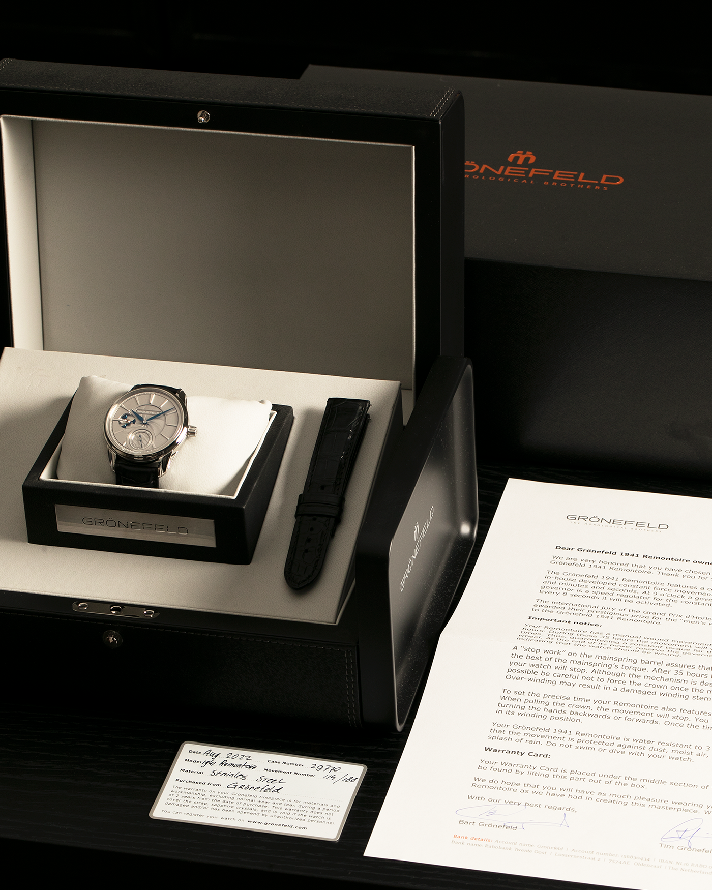 Brand: Grönefeld
Year: 2022
Model: 1941 Remontoire ‘Guilloché’, Pièce Unique
Material: Stainless Steel
Movement: Grönefeld Cal. G-05, Manual-Winding
Case Dimensions: 39.5mm x 10.5mm (Lug-to-Lug 47mm)
Lug Width: 20mm
Strap: Grönefeld Black Calf Leather Strap with Signed Stainless Steel Tang Buckle