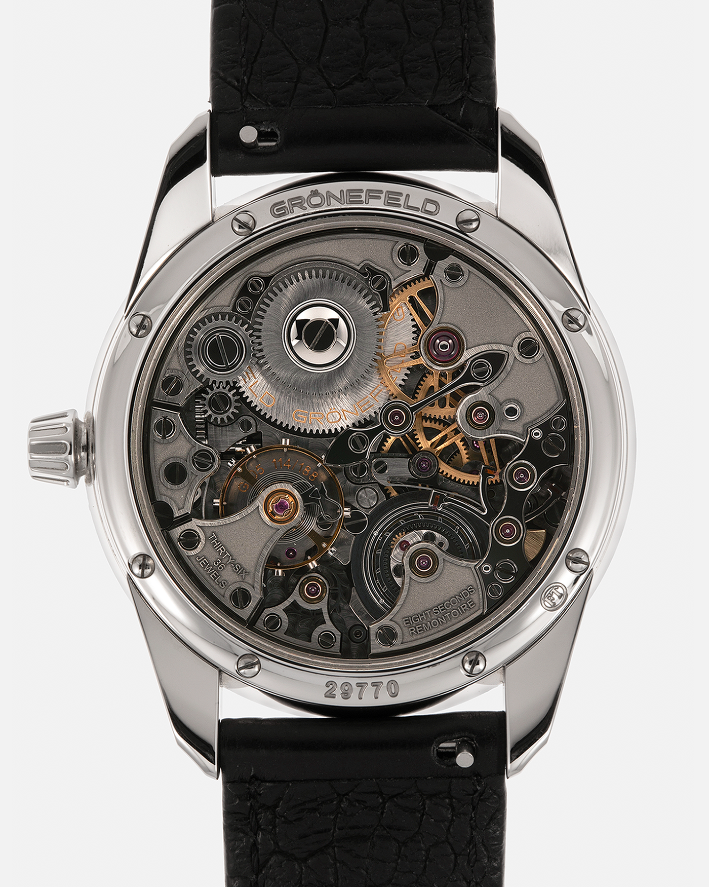 Brand: Grönefeld
Year: 2022
Model: 1941 Remontoire ‘Guilloché’, Pièce Unique
Material: Stainless Steel
Movement: Grönefeld Cal. G-05, Manual-Winding
Case Dimensions: 39.5mm x 10.5mm (Lug-to-Lug 47mm)
Lug Width: 20mm
Strap: Grönefeld Black Calf Leather Strap with Signed Stainless Steel Tang Buckle