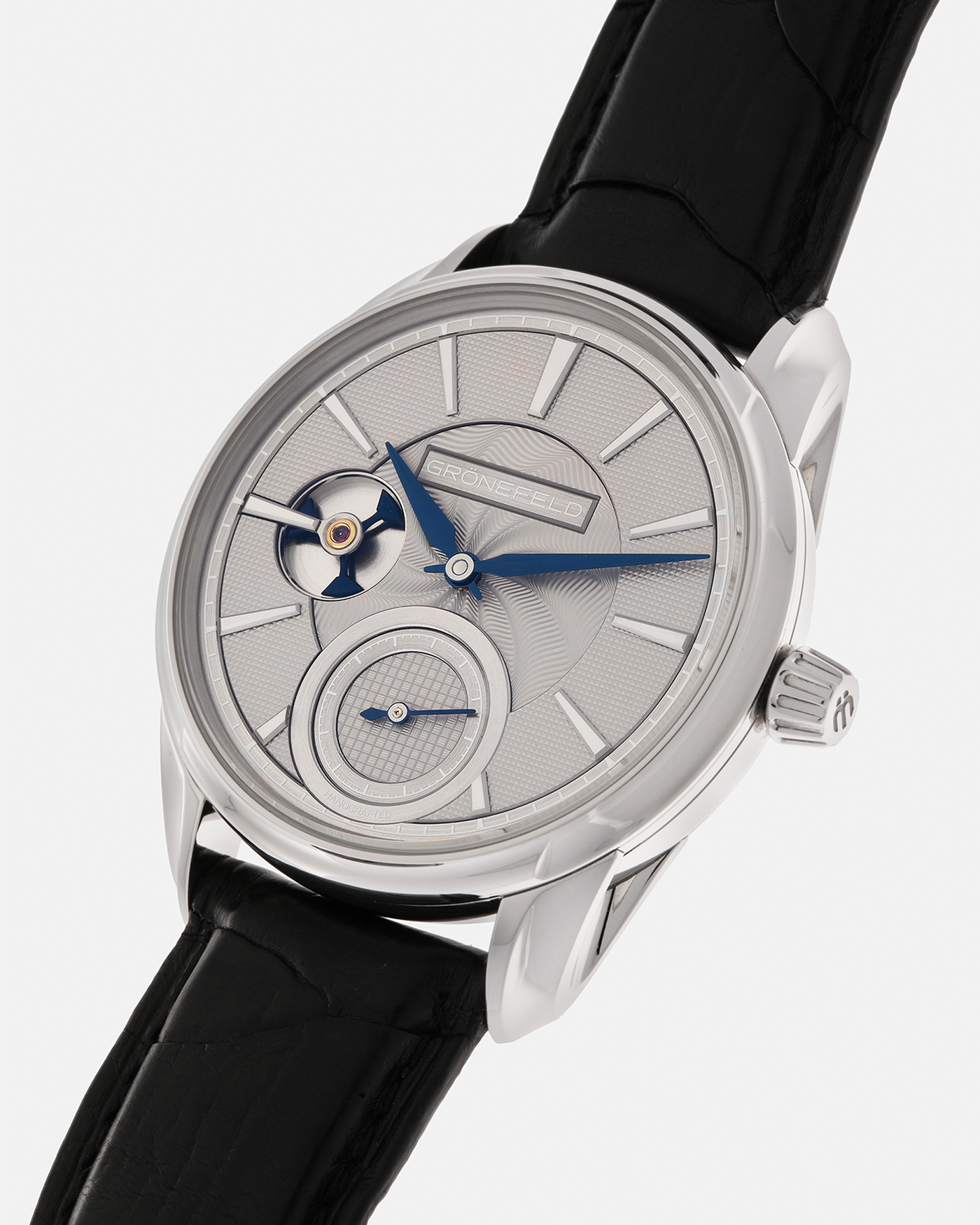 Brand: Grönefeld
Year: 2022
Model: 1941 Remontoire ‘Guilloché’, Pièce Unique
Material: Stainless Steel
Movement: Grönefeld Cal. G-05, Manual-Winding
Case Dimensions: 39.5mm x 10.5mm (Lug-to-Lug 47mm)
Lug Width: 20mm
Strap: Grönefeld Black Calf Leather Strap with Signed Stainless Steel Tang Buckle