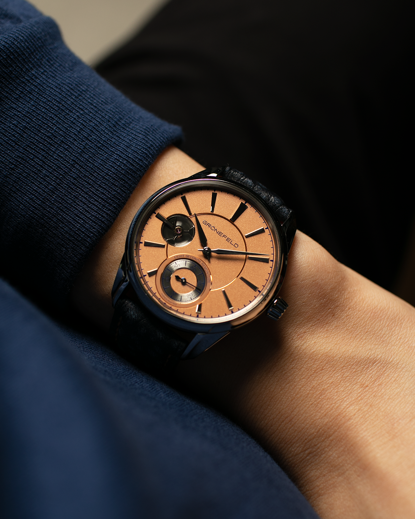 Brand: Grönefeld Year: XXXX Model: 1941 Remontoire ‘Salmon’ Material: Stainless Steel Movement: Grönefeld Cal. G-05, Manual-Winding Case Dimensions: 39.5mm x  10.5mm Lug Width: 20mm Strap: Grönefeld Blue Ostrich / Dutch Orange Leather Strap with Signed Stainless Steel 916L Tang Buckle