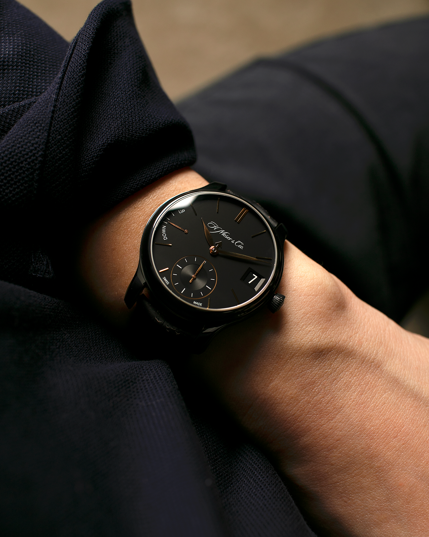 Brand: H. Moser & Cie
Year: Approximately 2016 (Guarantee Card Undated)
Model: Endeavour Perpetual Calendar Black Edition
Reference Number: 341.050-020
Material: DLC-Coated Grade 5 Titanium
Movement: H. Moser Cal. HMC 341, Manual-Winding
Case Dimensions: 40.8mm x 11.1 (Lug-to-Lug 47mm)
Lug Width: 20mm
Strap: H. Moser Black Calf Leather Strap with Signed DLC-Coated Titanium Tang Buckle