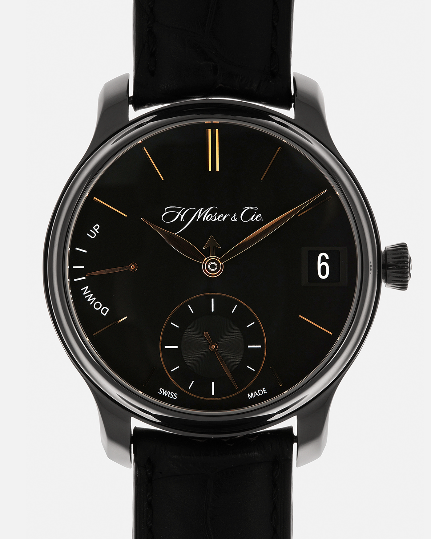 Brand: H. Moser & Cie
Year: Approximately 2016 (Guarantee Card Undated)
Model: Endeavour Perpetual Calendar Black Edition
Reference Number: 341.050-020
Material: DLC-Coated Grade 5 Titanium
Movement: H. Moser Cal. HMC 341, Manual-Winding
Case Dimensions: 40.8mm x 11.1 (Lug-to-Lug 47mm)
Lug Width: 20mm
Strap: H. Moser Black Calf Leather Strap with Signed DLC-Coated Titanium Tang Buckle