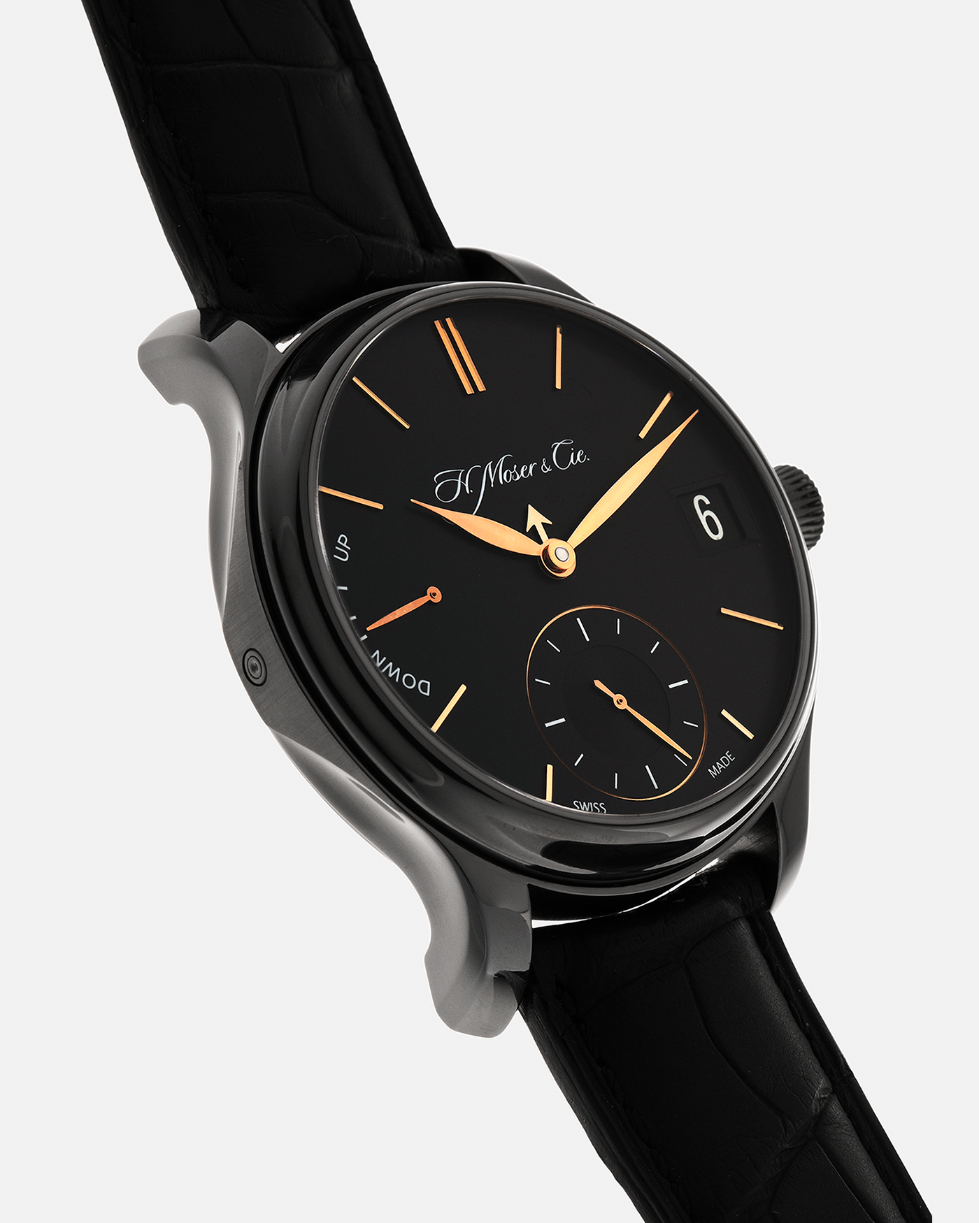 Brand: H. Moser & Cie
Year: Approximately 2016 (Guarantee Card Undated)
Model: Endeavour Perpetual Calendar Black Edition
Reference Number: 341.050-020
Material: DLC-Coated Grade 5 Titanium
Movement: H. Moser Cal. HMC 341, Manual-Winding
Case Dimensions: 40.8mm x 11.1 (Lug-to-Lug 47mm)
Lug Width: 20mm
Strap: H. Moser Black Calf Leather Strap with Signed DLC-Coated Titanium Tang Buckle