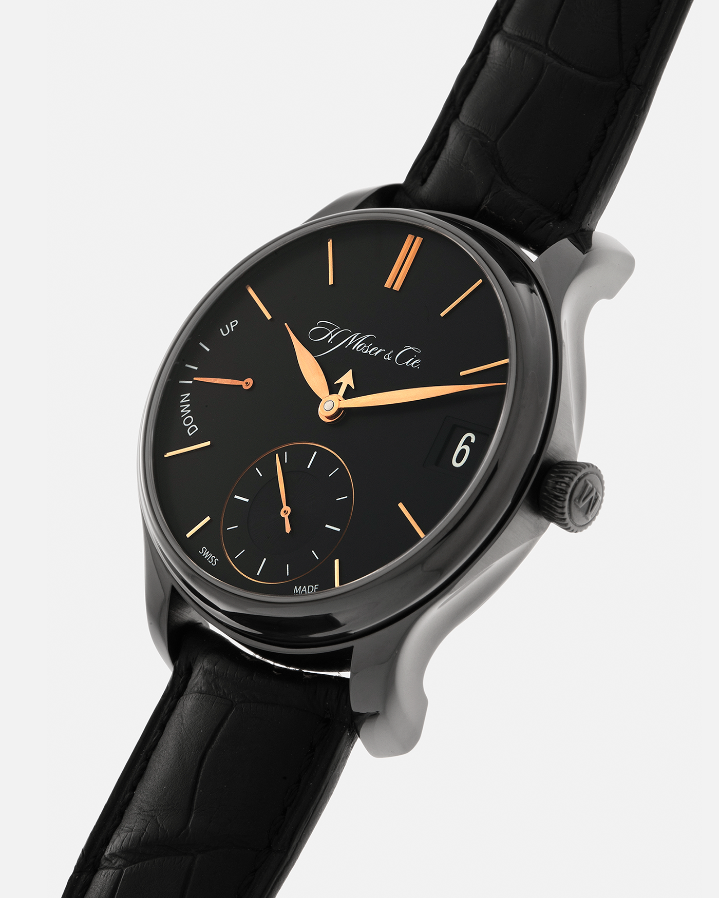 Brand: H. Moser & Cie
Year: Approximately 2016 (Guarantee Card Undated)
Model: Endeavour Perpetual Calendar Black Edition
Reference Number: 341.050-020
Material: DLC-Coated Grade 5 Titanium
Movement: H. Moser Cal. HMC 341, Manual-Winding
Case Dimensions: 40.8mm x 11.1 (Lug-to-Lug 47mm)
Lug Width: 20mm
Strap: H. Moser Black Calf Leather Strap with Signed DLC-Coated Titanium Tang Buckle