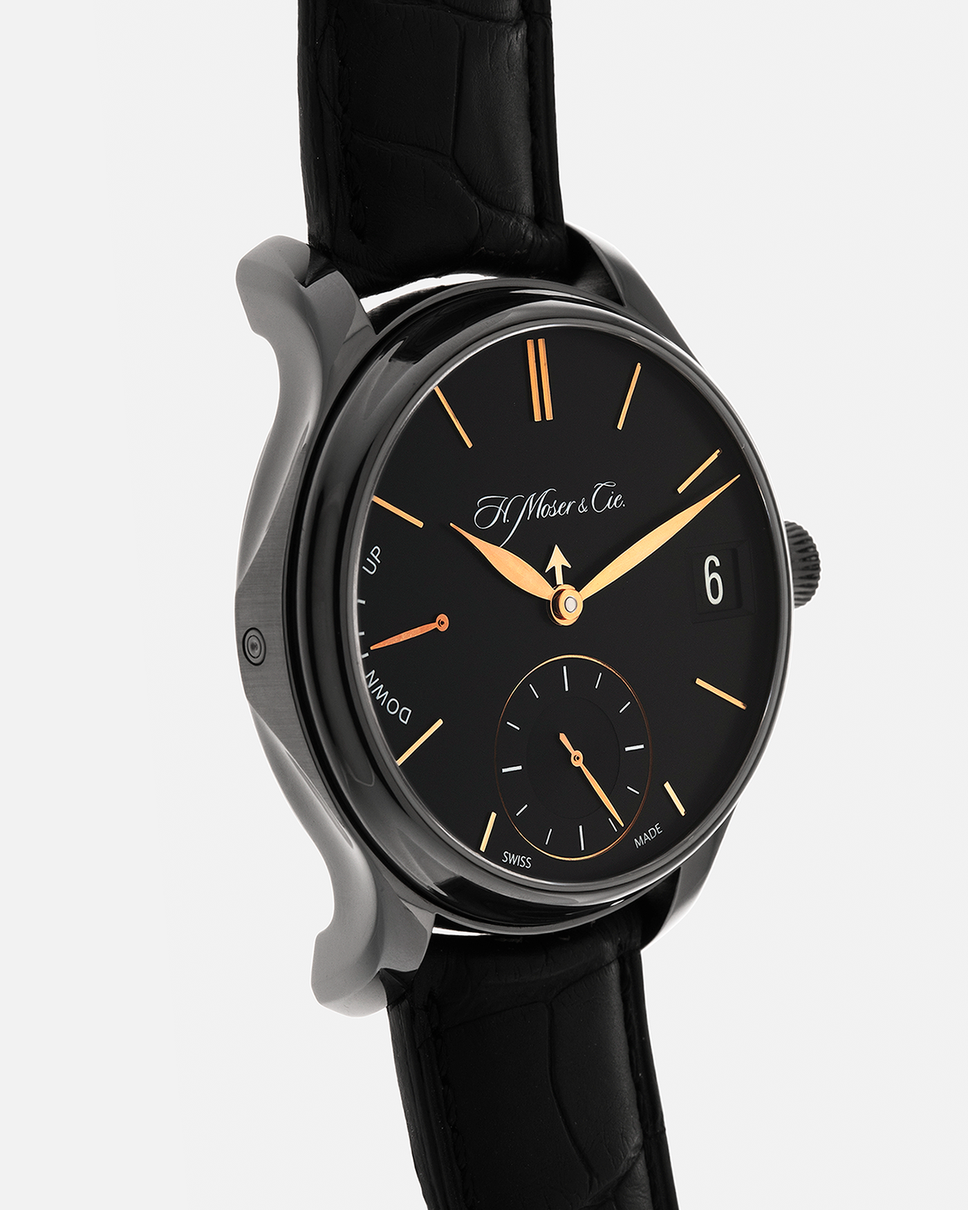Brand: H. Moser & Cie
Year: Approximately 2016 (Guarantee Card Undated)
Model: Endeavour Perpetual Calendar Black Edition
Reference Number: 341.050-020
Material: DLC-Coated Grade 5 Titanium
Movement: H. Moser Cal. HMC 341, Manual-Winding
Case Dimensions: 40.8mm x 11.1 (Lug-to-Lug 47mm)
Lug Width: 20mm
Strap: H. Moser Black Calf Leather Strap with Signed DLC-Coated Titanium Tang Buckle