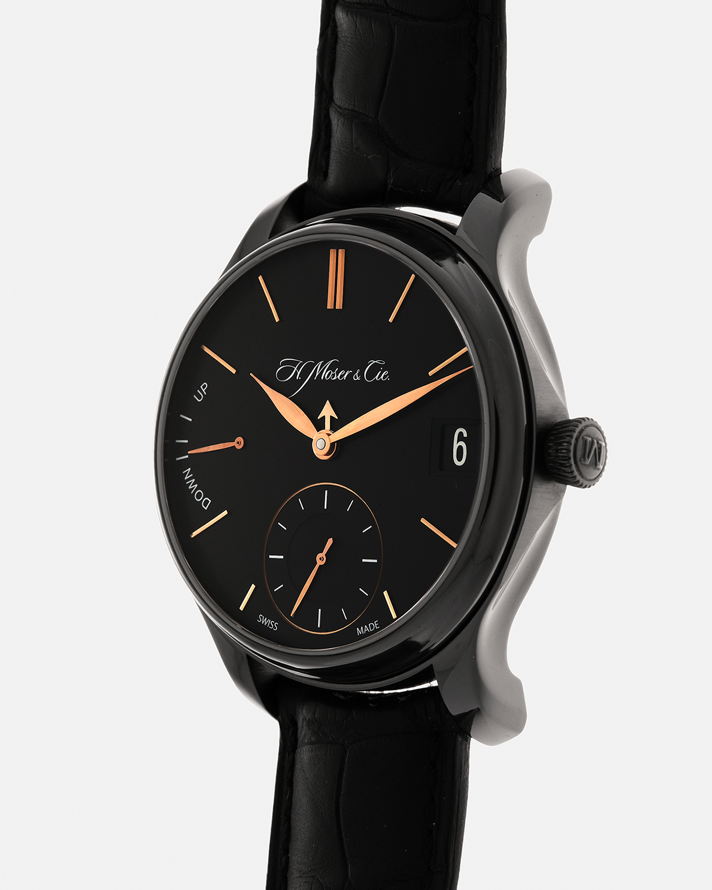 Brand: H. Moser & Cie
Year: Approximately 2016 (Guarantee Card Undated)
Model: Endeavour Perpetual Calendar Black Edition
Reference Number: 341.050-020
Material: DLC-Coated Grade 5 Titanium
Movement: H. Moser Cal. HMC 341, Manual-Winding
Case Dimensions: 40.8mm x 11.1 (Lug-to-Lug 47mm)
Lug Width: 20mm
Strap: H. Moser Black Calf Leather Strap with Signed DLC-Coated Titanium Tang Buckle
