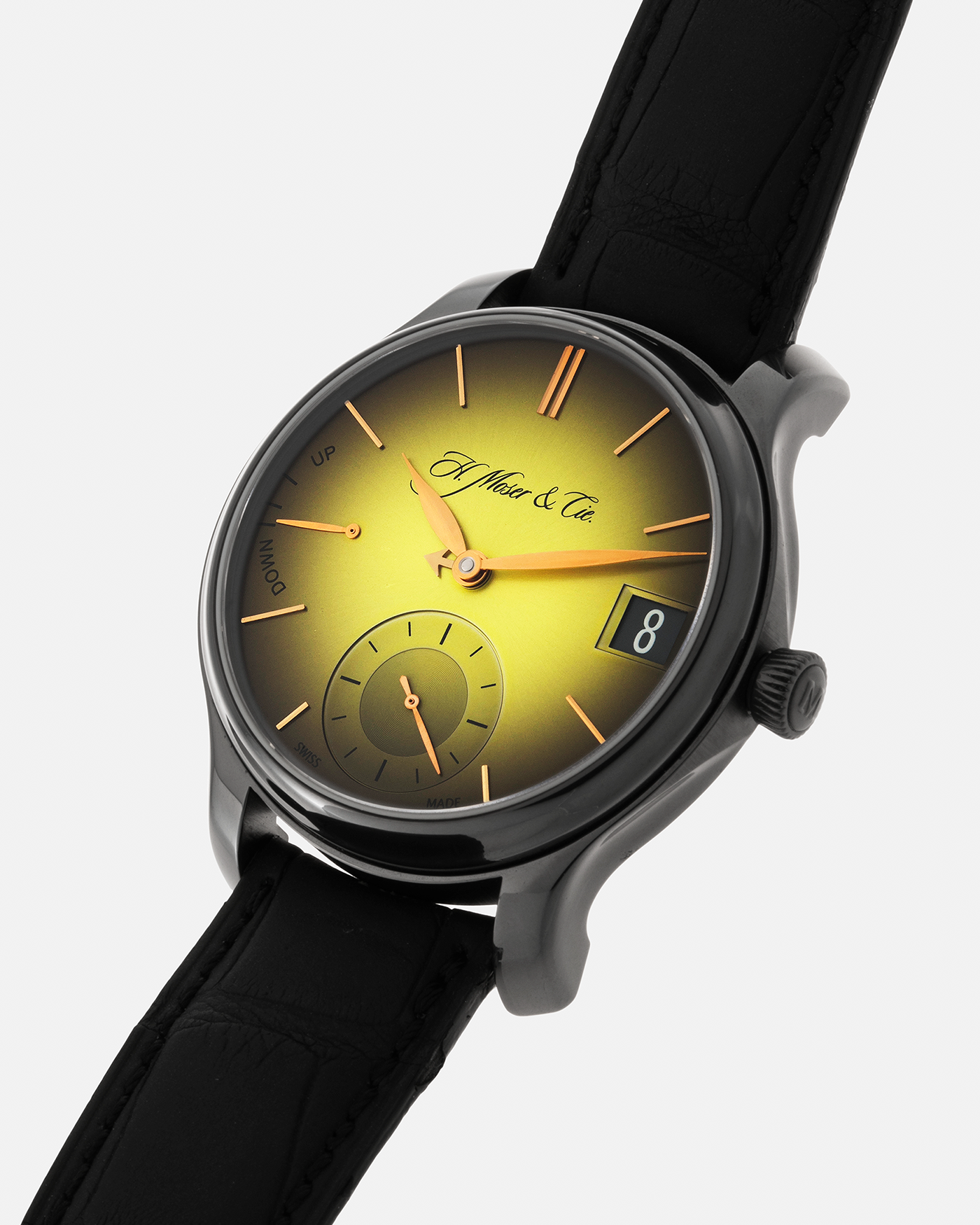 Brand: H.Moser & Cie Year: 2020 Model: Endeavour Perpetual Calendar Yellow-Green Fumé Reference Number: 1344-0504 Material: DLC Coated Titanium Movement: H. Moser Cal. HMC 341, Manual-Winding Case Diameter: 40.8mm Lug Width: 20mm Strap: H. Moser & Cie Black Alligator Leather Strap with Signed DLC Coated Titanium Tang Buckle