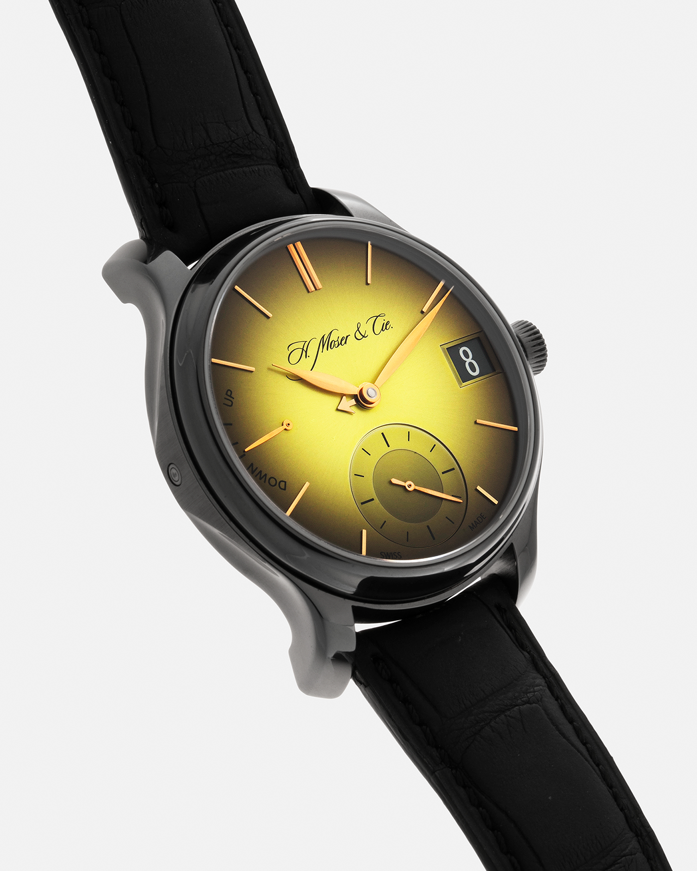 Brand: H.Moser & Cie Year: 2020 Model: Endeavour Perpetual Calendar Yellow-Green Fumé Reference Number: 1344-0504 Material: DLC Coated Titanium Movement: H. Moser Cal. HMC 341, Manual-Winding Case Diameter: 40.8mm Lug Width: 20mm Strap: H. Moser & Cie Black Alligator Leather Strap with Signed DLC Coated Titanium Tang Buckle