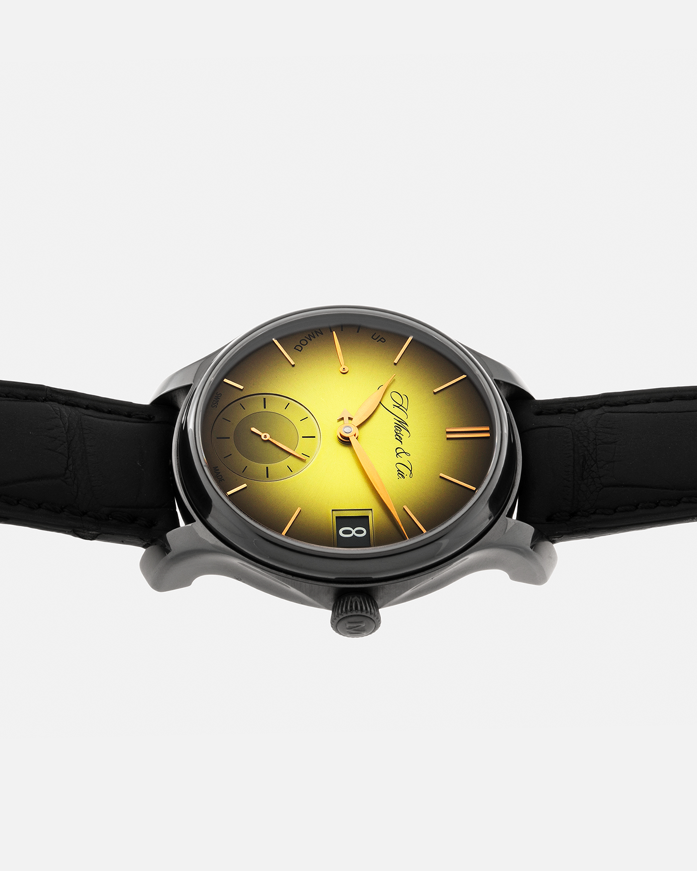 Brand: H.Moser & Cie Year: 2020 Model: Endeavour Perpetual Calendar Yellow-Green Fumé Reference Number: 1344-0504 Material: DLC Coated Titanium Movement: H. Moser Cal. HMC 341, Manual-Winding Case Diameter: 40.8mm Lug Width: 20mm Strap: H. Moser & Cie Black Alligator Leather Strap with Signed DLC Coated Titanium Tang Buckle