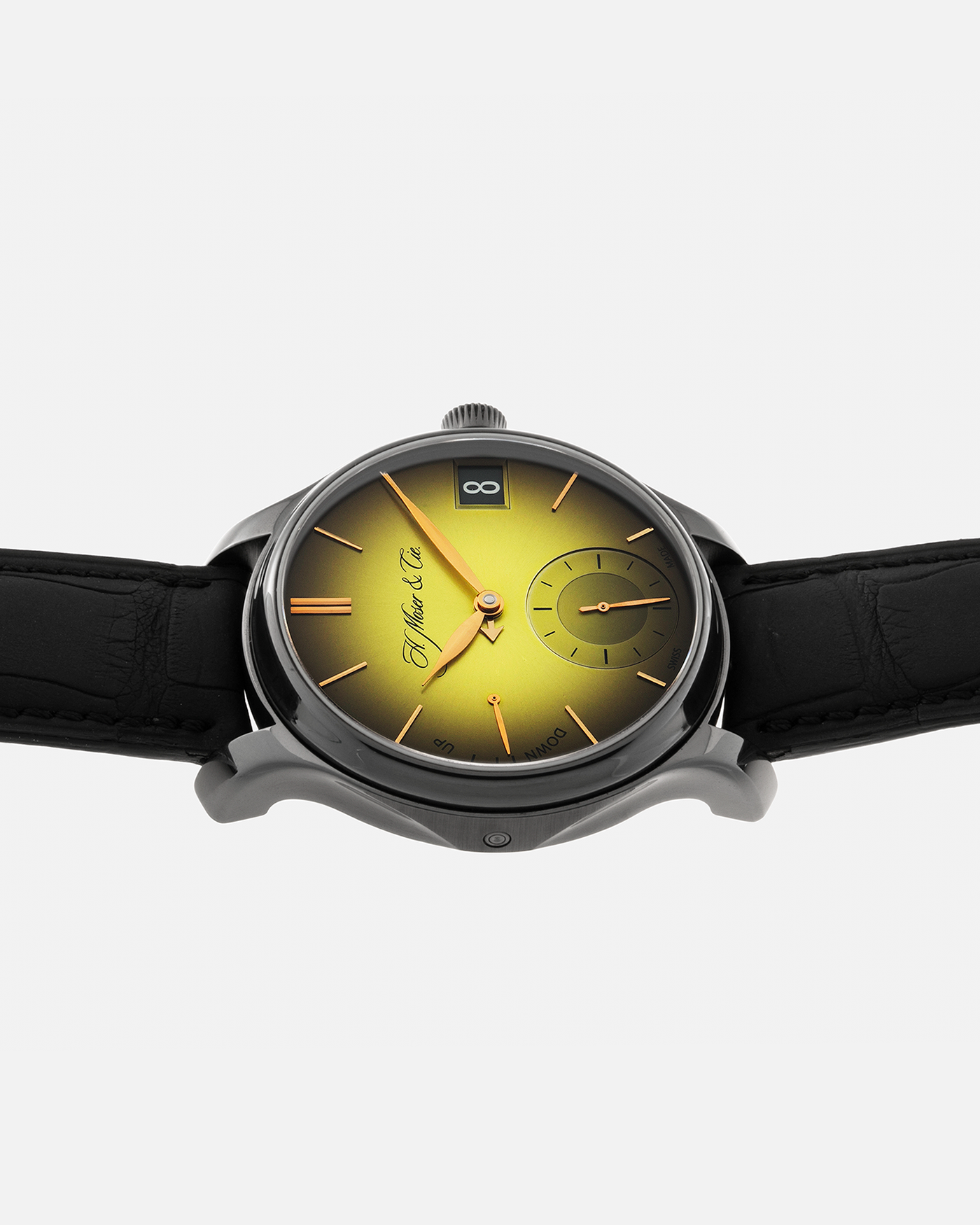 Brand: H.Moser & Cie Year: 2020 Model: Endeavour Perpetual Calendar Yellow-Green Fumé Reference Number: 1344-0504 Material: DLC Coated Titanium Movement: H. Moser Cal. HMC 341, Manual-Winding Case Diameter: 40.8mm Lug Width: 20mm Strap: H. Moser & Cie Black Alligator Leather Strap with Signed DLC Coated Titanium Tang Buckle