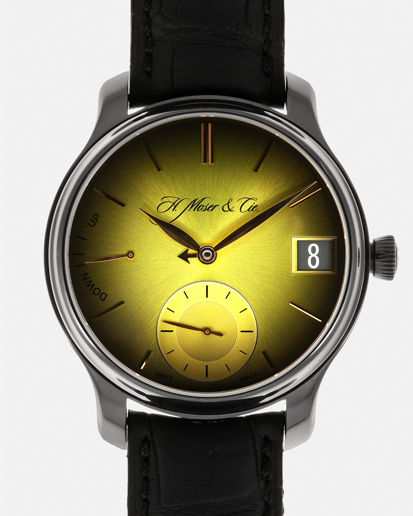 Brand: H.Moser & Cie Year: 2020 Model: Endeavour Perpetual Calendar Yellow-Green Fumé Reference Number: 1344-0504 Material: DLC Coated Titanium Movement: H. Moser Cal. HMC 341, Manual-Winding Case Diameter: 40.8mm Lug Width: 20mm Strap: H. Moser & Cie Black Alligator Leather Strap with Signed DLC Coated Titanium Tang Buckle