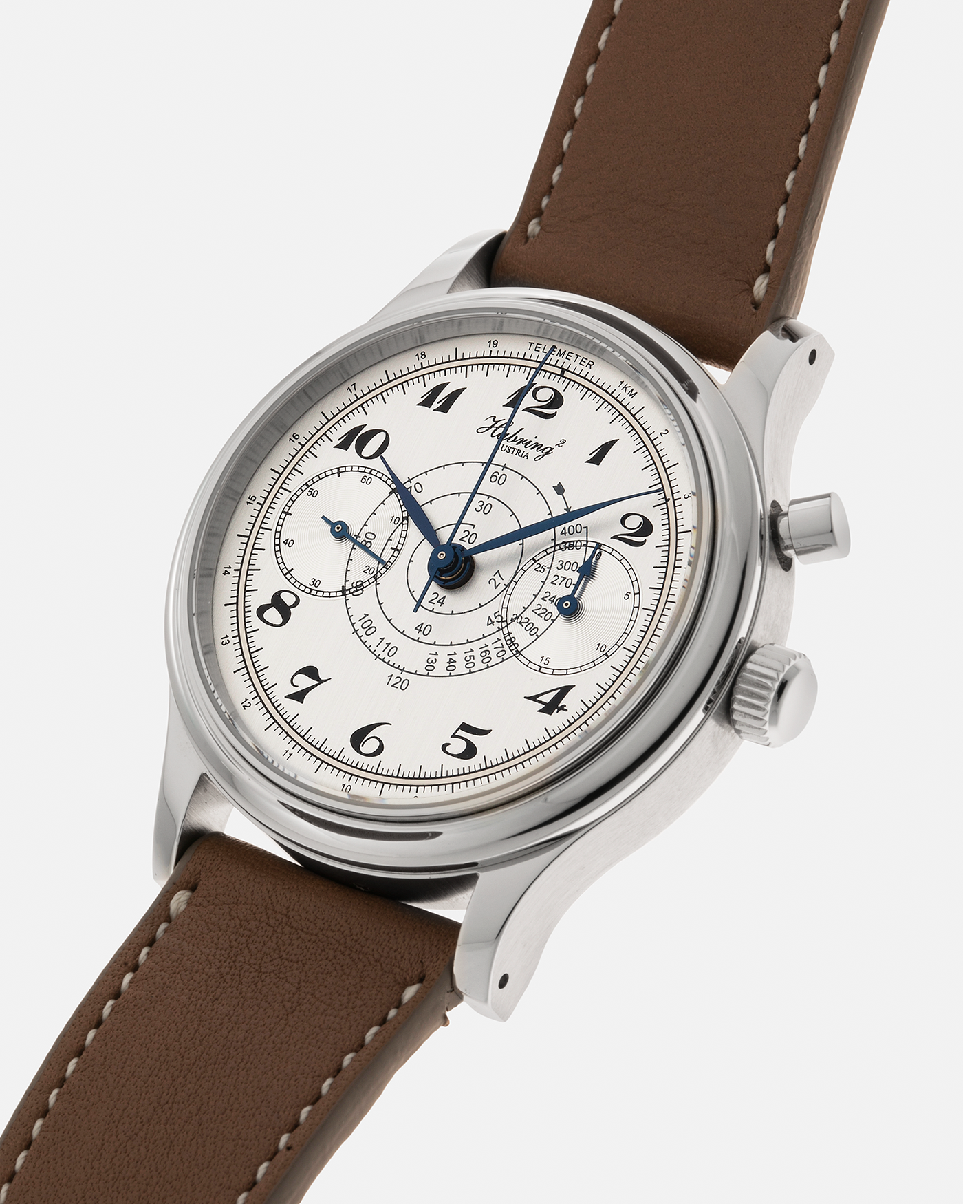 Brand: Habring² Model: Monopusher ‘Custom Dial’ Year: 2020’s Material: Stainless Steel  Movement: Habring² Cal. A11C-H1, Manual-Winding Case Diameter: 38.5mm Lug Width: 20mm Strap: Nostime Tanned Calf Leather Strap, additional Habring² Tanned Calf Leather Strap, and Milanese Stainless Steel Bracelet