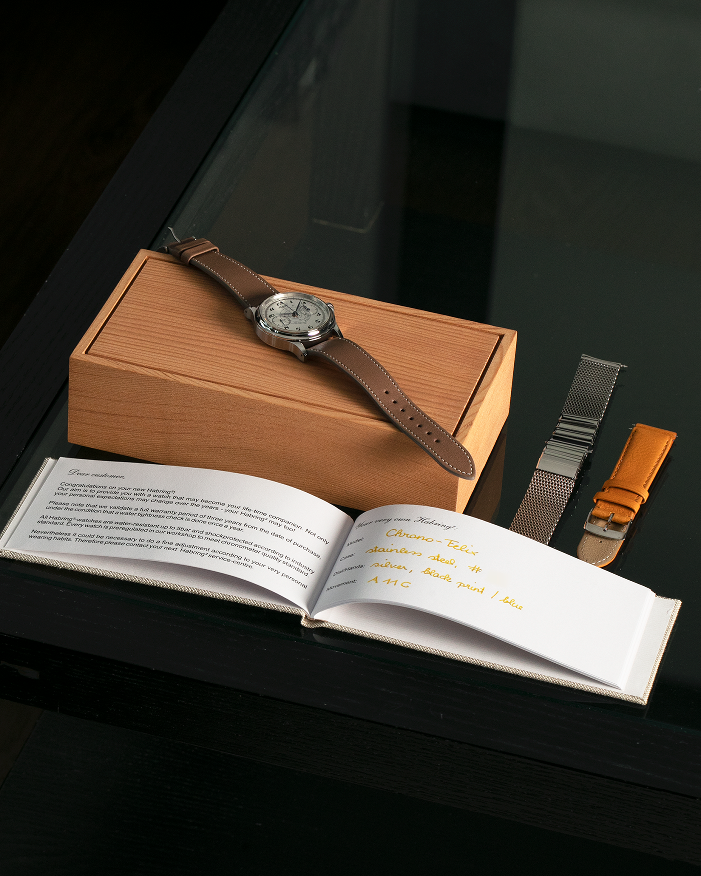 Brand: Habring² Model: Monopusher ‘Custom Dial’ Year: 2020’s Material: Stainless Steel  Movement: Habring² Cal. A11C-H1, Manual-Winding Case Diameter: 38.5mm Lug Width: 20mm Strap: Nostime Tanned Calf Leather Strap, additional Habring² Tanned Calf Leather Strap, and Milanese Stainless Steel Bracelet