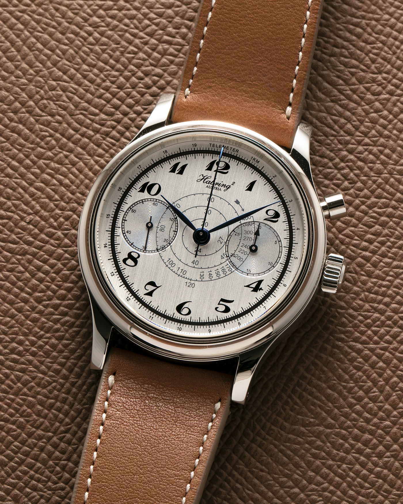 Brand: Habring² Model: Monopusher ‘Custom Dial’ Year: 2020’s Material: Stainless Steel  Movement: Habring² Cal. A11C-H1, Manual-Winding Case Diameter: 38.5mm Lug Width: 20mm Strap: Nostime Tanned Calf Leather Strap, additional Habring² Tanned Calf Leather Strap, and Milanese Stainless Steel Bracelet