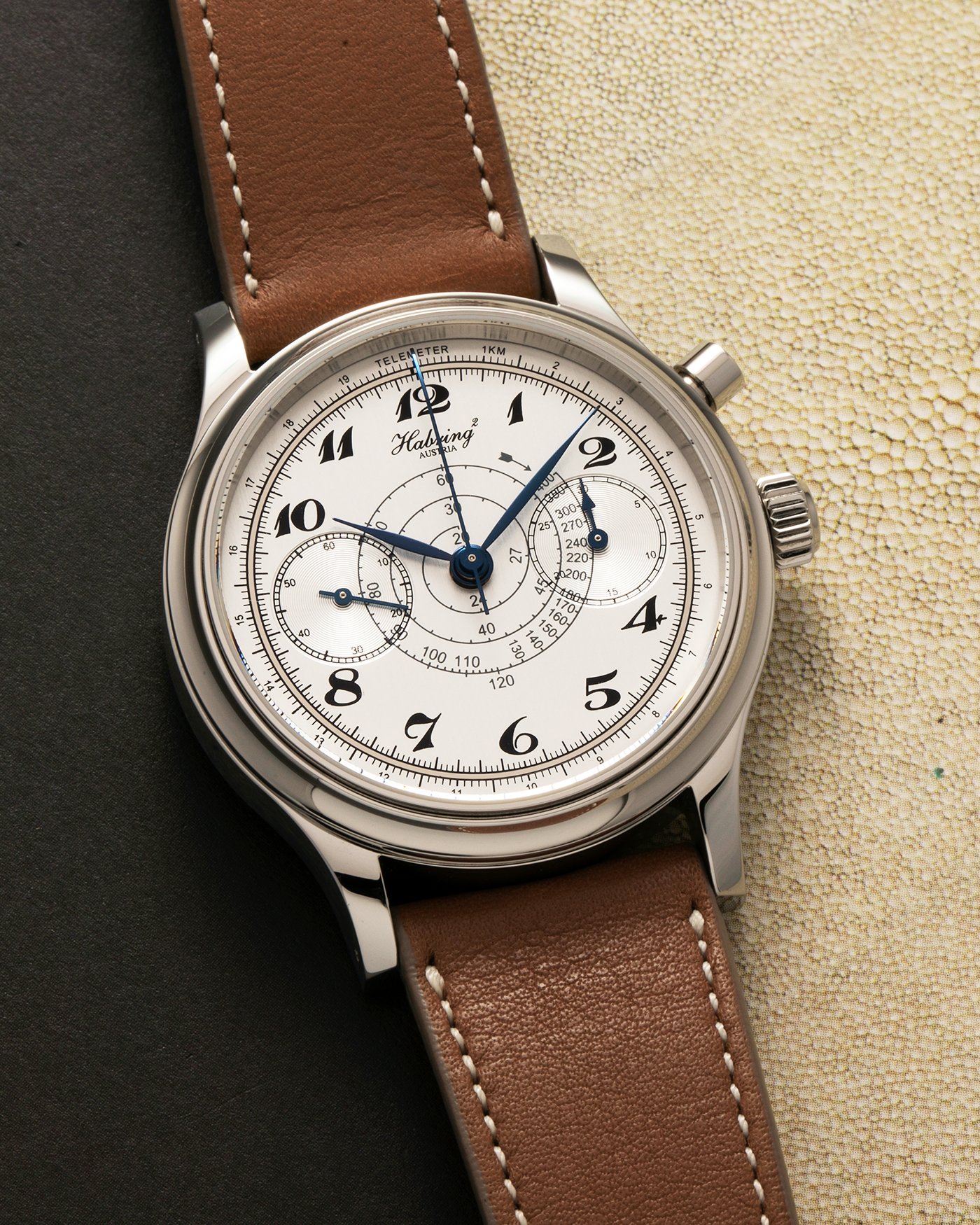 Brand: Habring² Model: Monopusher ‘Custom Dial’ Year: 2020’s Material: Stainless Steel  Movement: Habring² Cal. A11C-H1, Manual-Winding Case Diameter: 38.5mm Lug Width: 20mm Strap: Nostime Tanned Calf Leather Strap, additional Habring² Tanned Calf Leather Strap, and Milanese Stainless Steel Bracelet